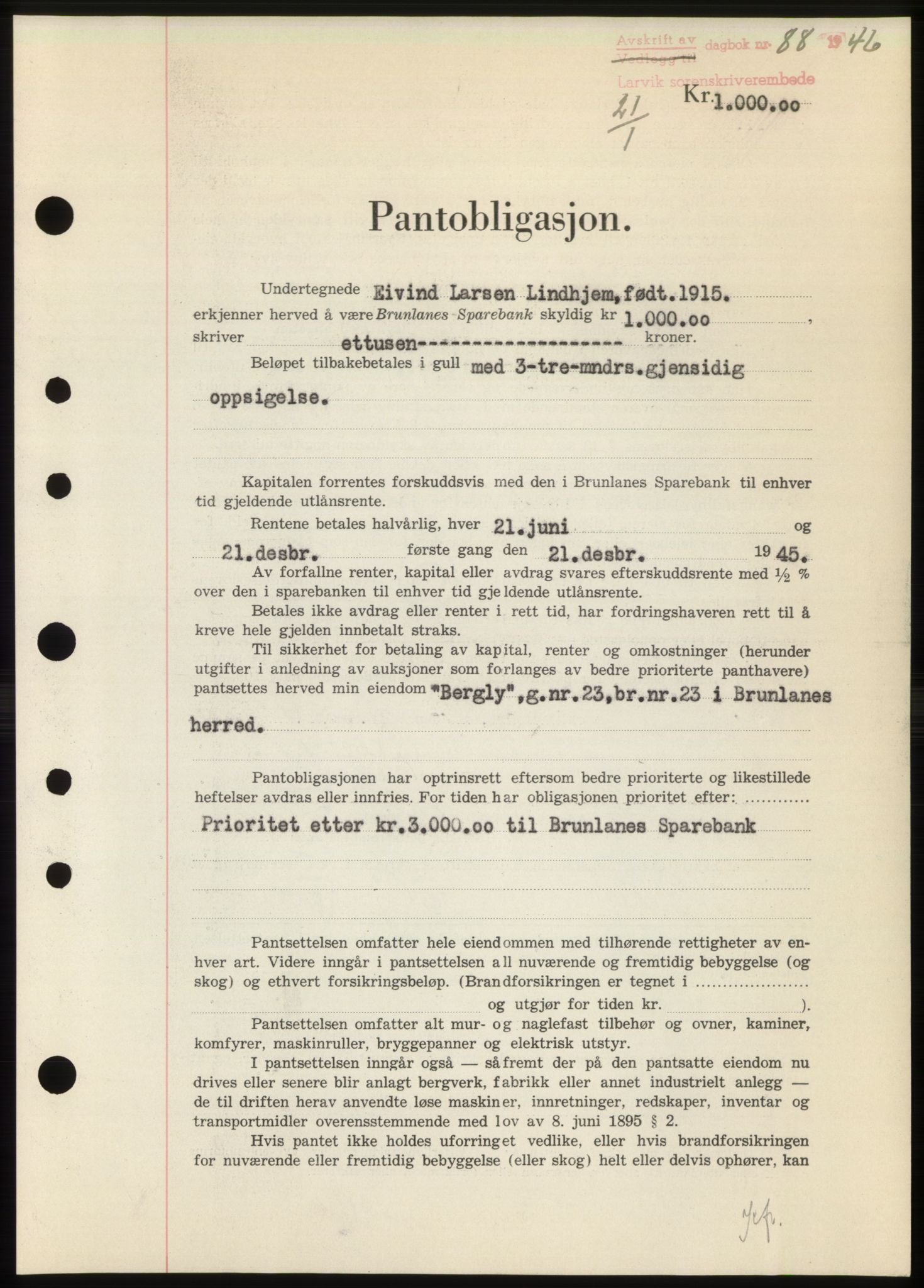 Larvik sorenskriveri, AV/SAKO-A-83/G/Ga/Gac/L0009b: Mortgage book no. B-9b, 1946-1946, Diary no: : 88/1946