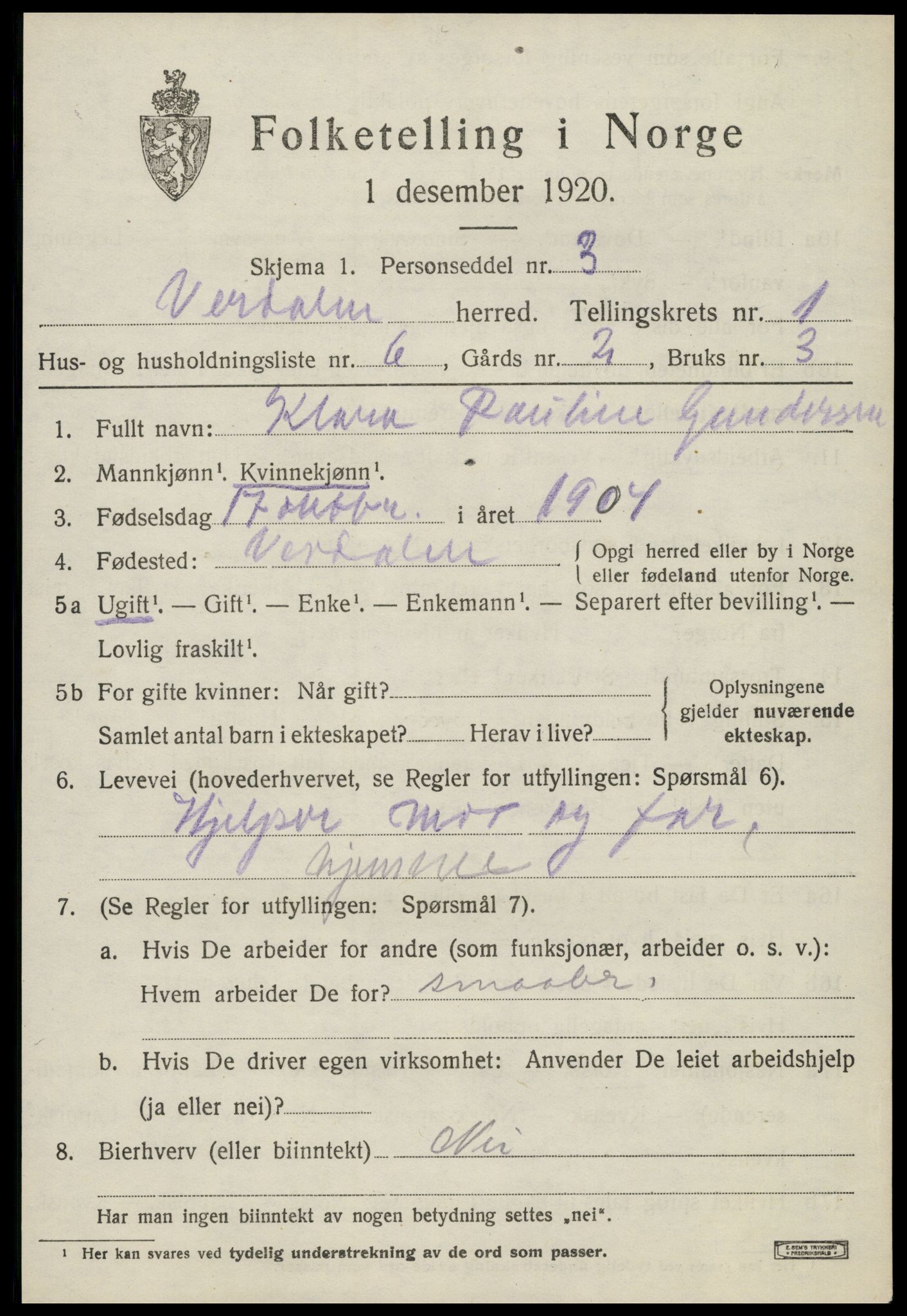 SAT, 1920 census for Verdal, 1920, p. 2377