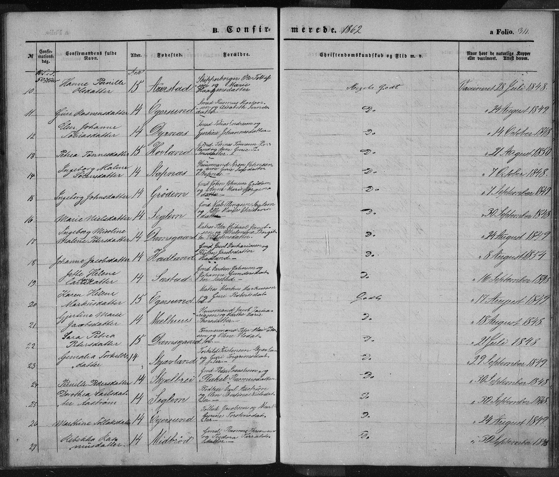 Eigersund sokneprestkontor, AV/SAST-A-101807/S08/L0012: Parish register (official) no. A 12.1, 1850-1865, p. 311