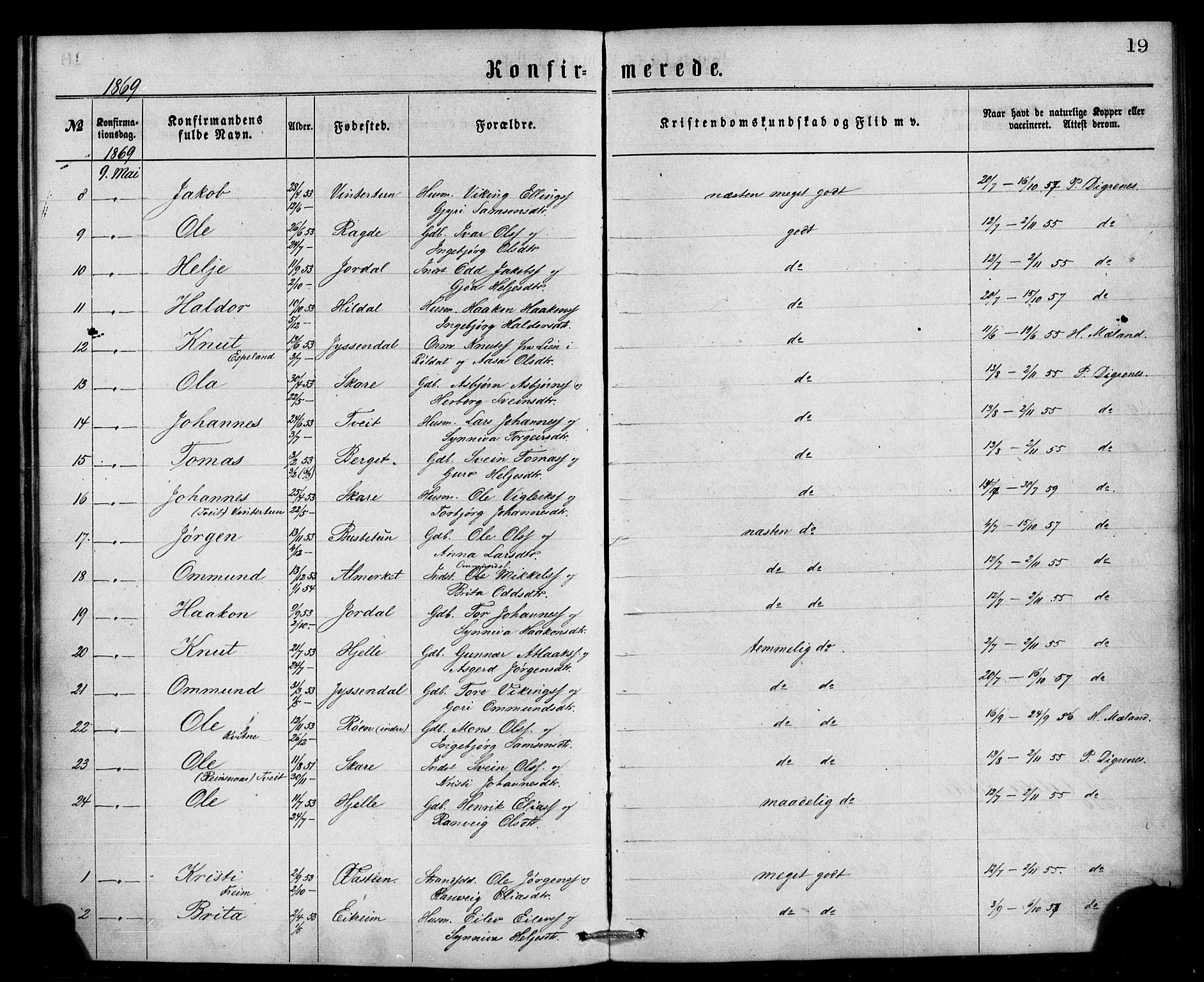 Ullensvang sokneprestembete, AV/SAB-A-78701/H/Haa: Parish register (official) no. A 13, 1867-1879, p. 19