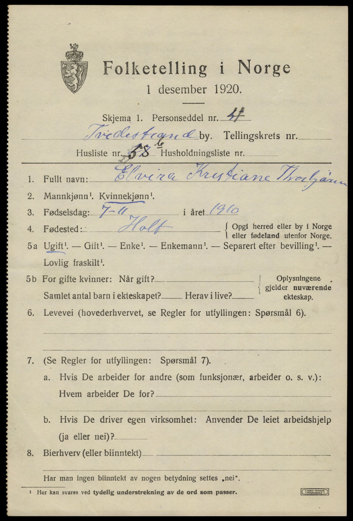 SAK, 1920 census for Tvedestrand, 1920, p. 1975