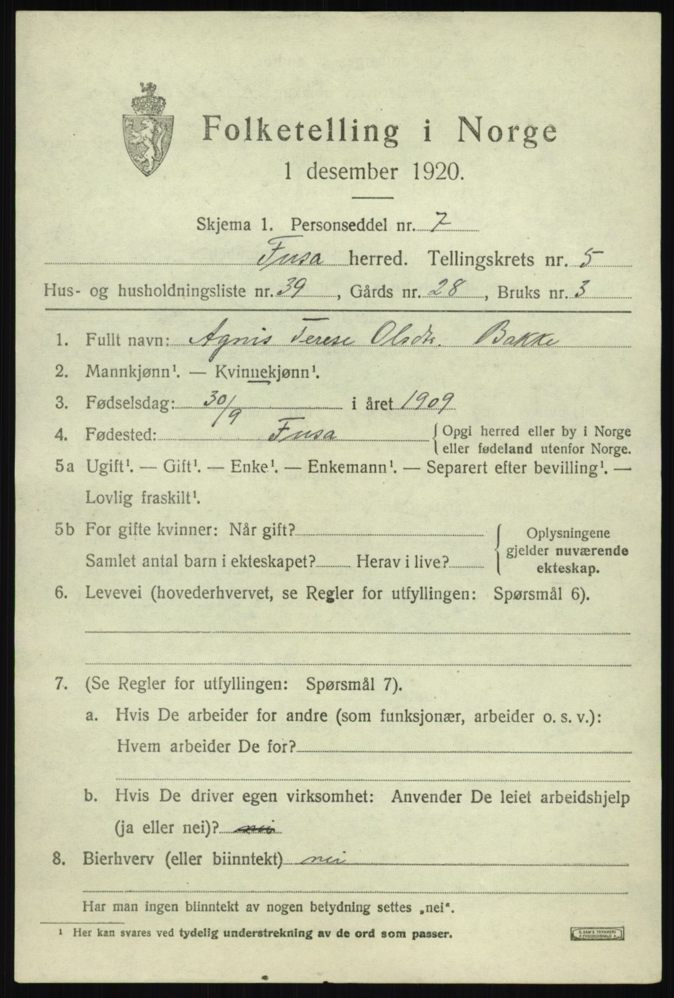 SAB, 1920 census for Fusa, 1920, p. 2449