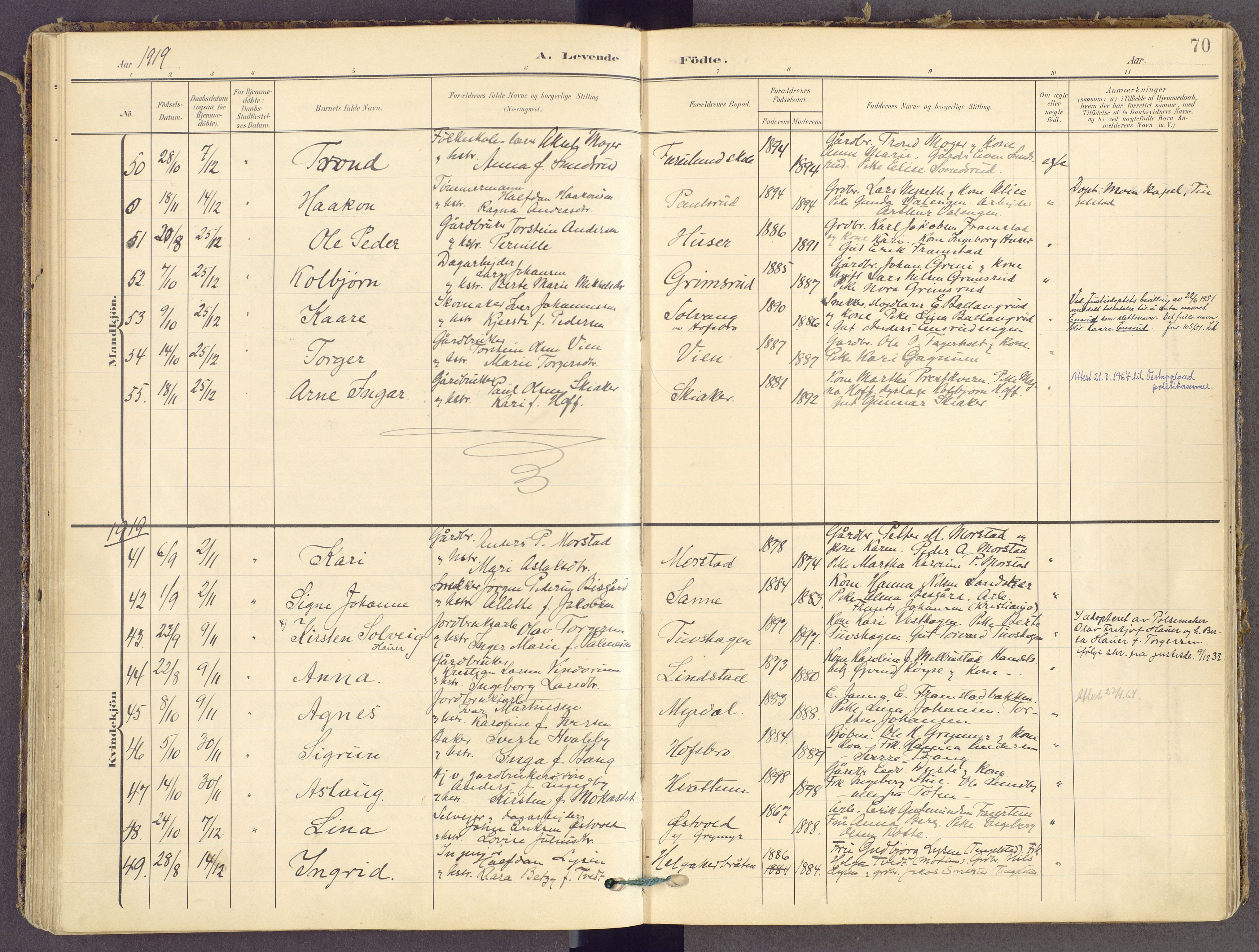 Gran prestekontor, AV/SAH-PREST-112/H/Ha/Haa/L0021: Parish register (official) no. 21, 1908-1932, p. 70