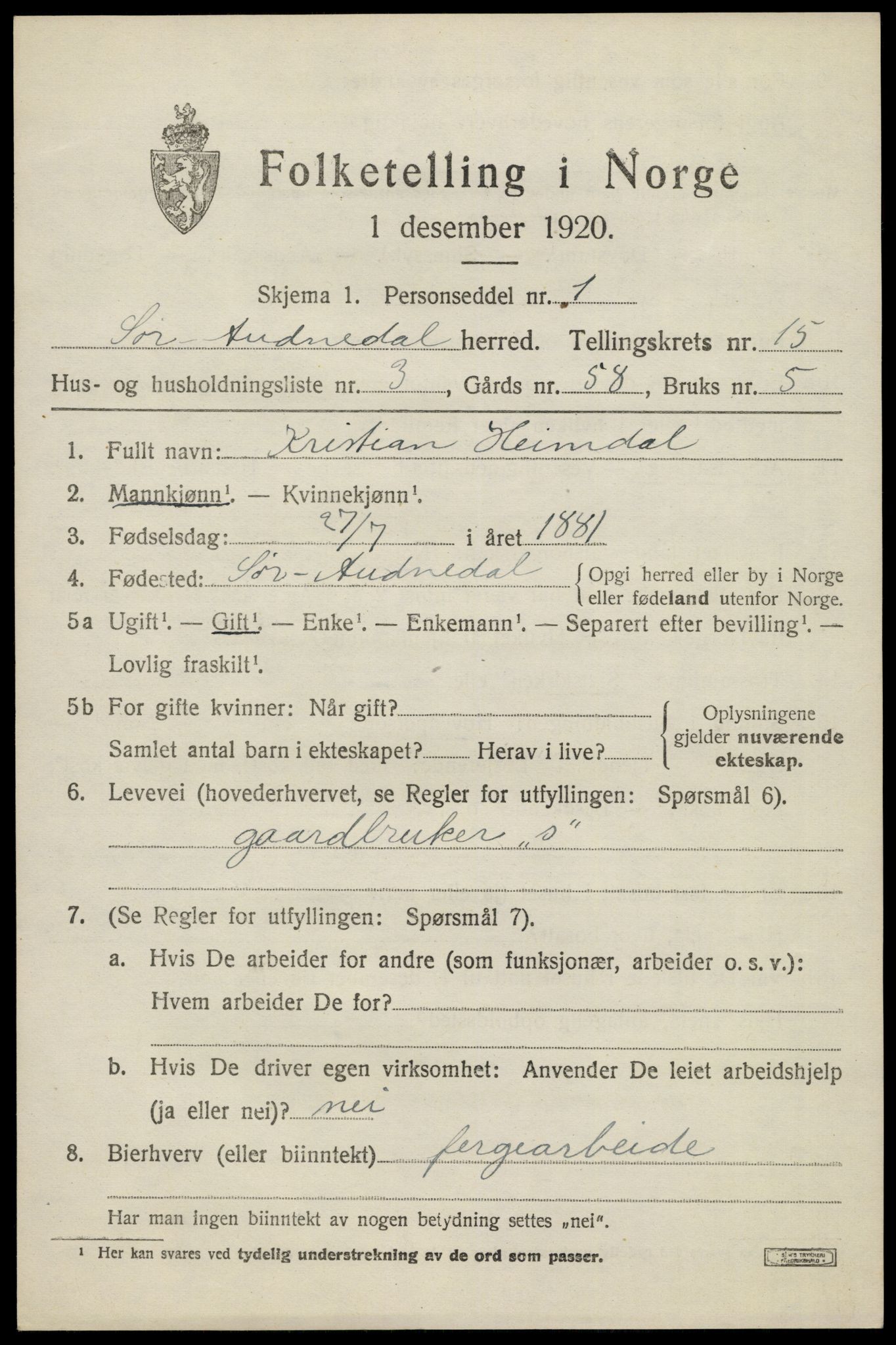 SAK, 1920 census for Sør-Audnedal, 1920, p. 5735