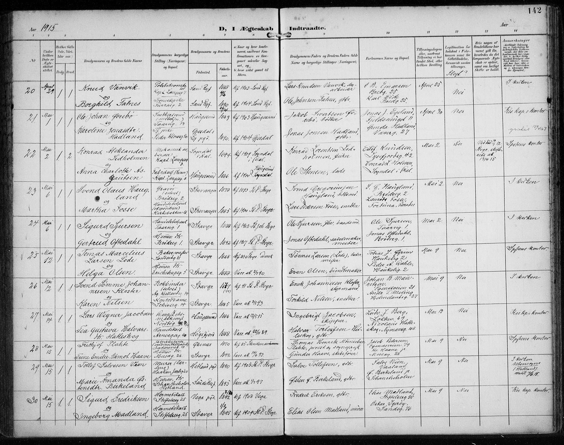 St. Petri sokneprestkontor, AV/SAST-A-101813/002/A/L0003: Parish register (official) no. A 24, 1900-1921, p. 142