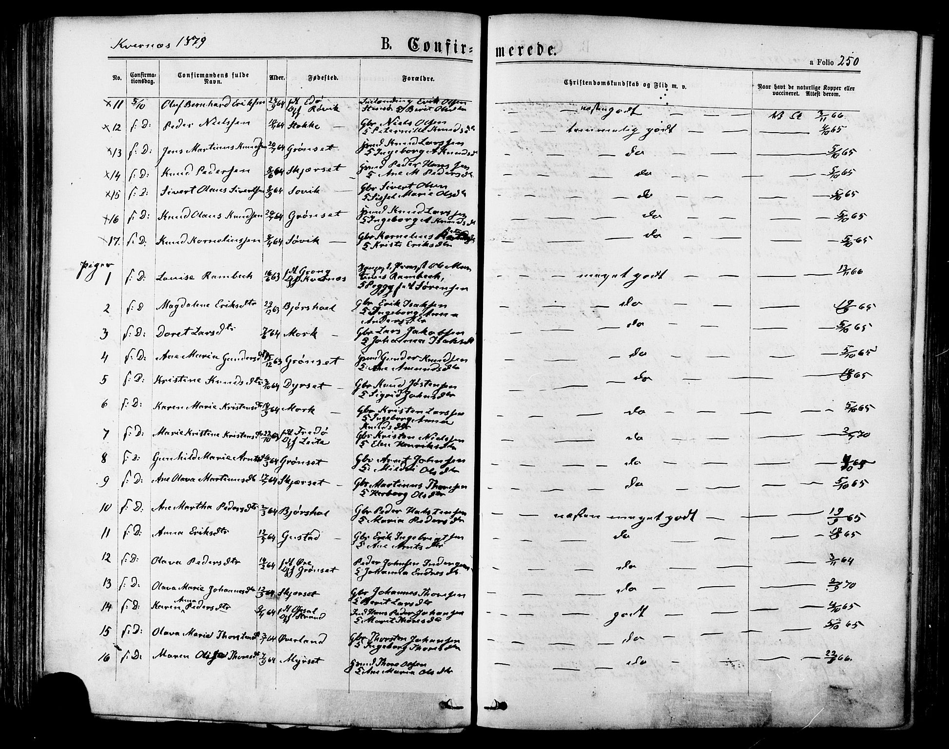 Ministerialprotokoller, klokkerbøker og fødselsregistre - Møre og Romsdal, AV/SAT-A-1454/568/L0805: Parish register (official) no. 568A12 /1, 1869-1884, p. 250