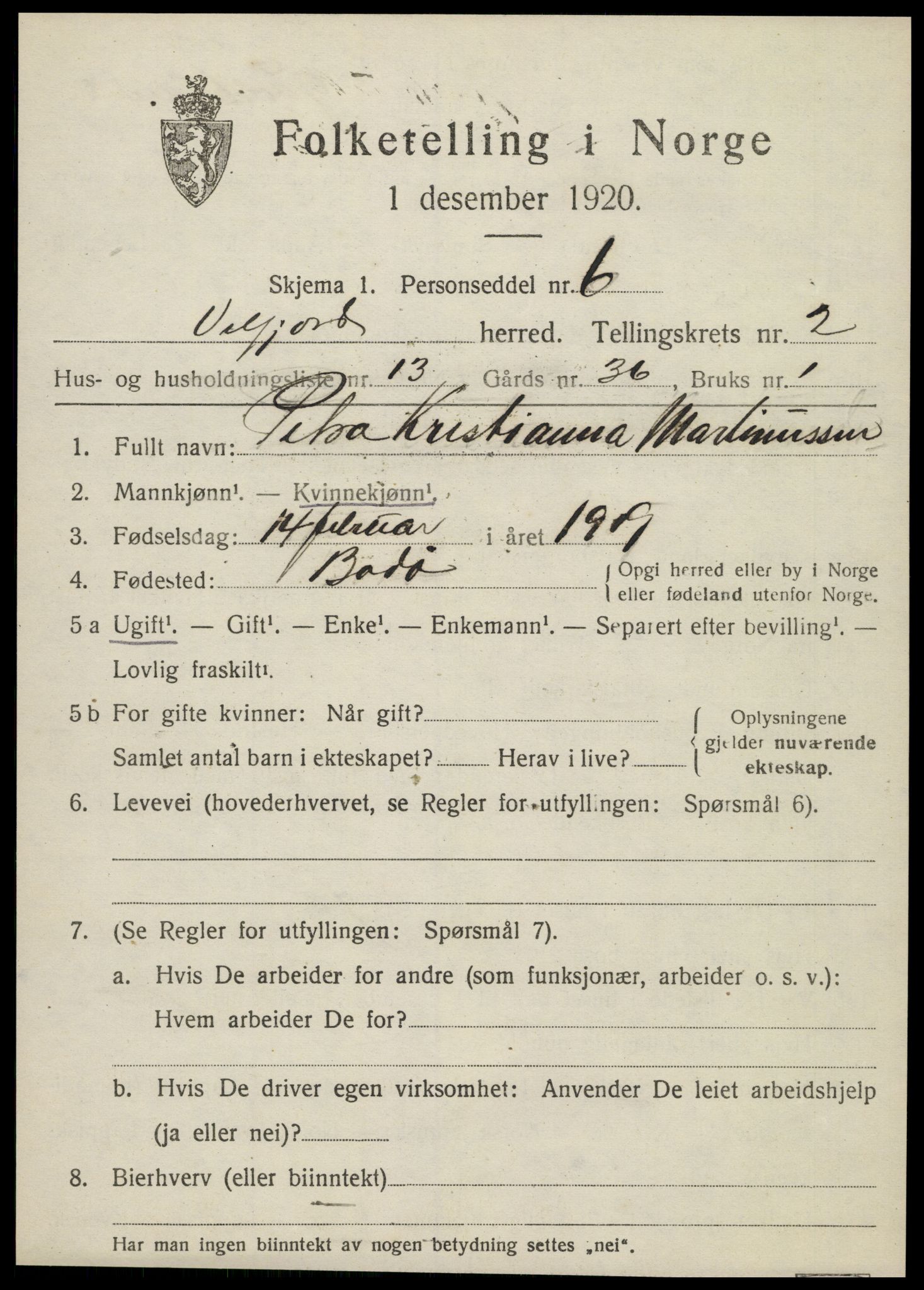 SAT, 1920 census for Velfjord, 1920, p. 1347