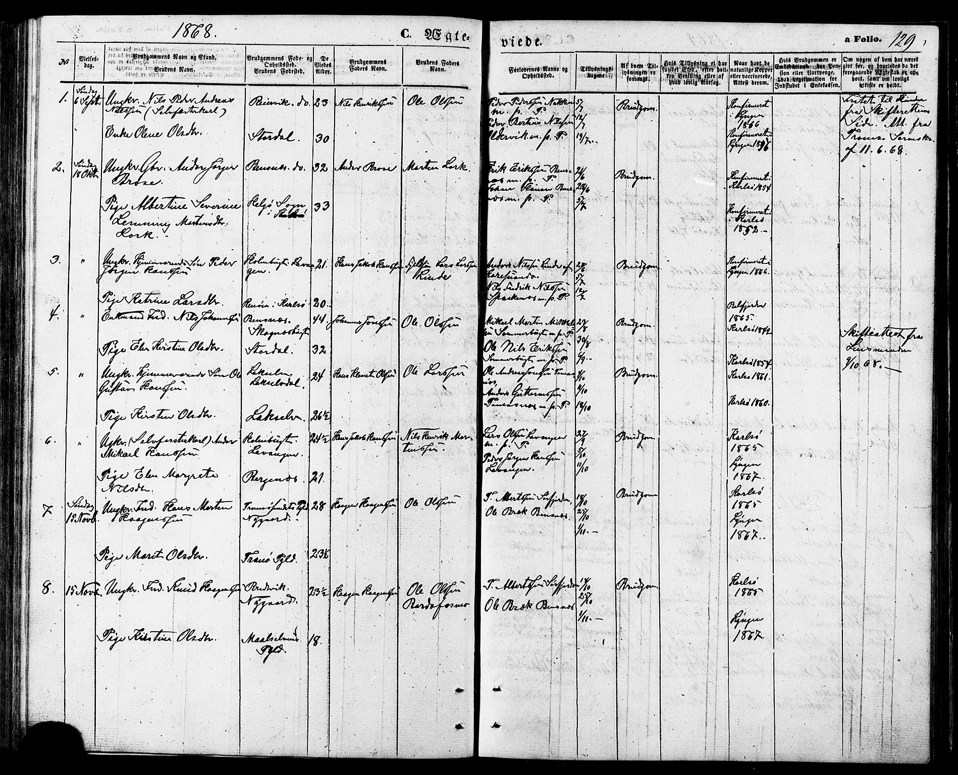 Lyngen sokneprestembete, SATØ/S-1289/H/He/Heb/L0006klokker: Parish register (copy) no. 6, 1864-1881, p. 129