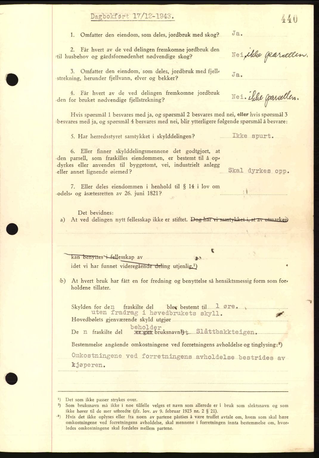 Steigen og Ofoten sorenskriveri, AV/SAT-A-0030/1/2/2C: Mortgage book no. A9-12, 1942-1946, Diary no: : 1843/1943