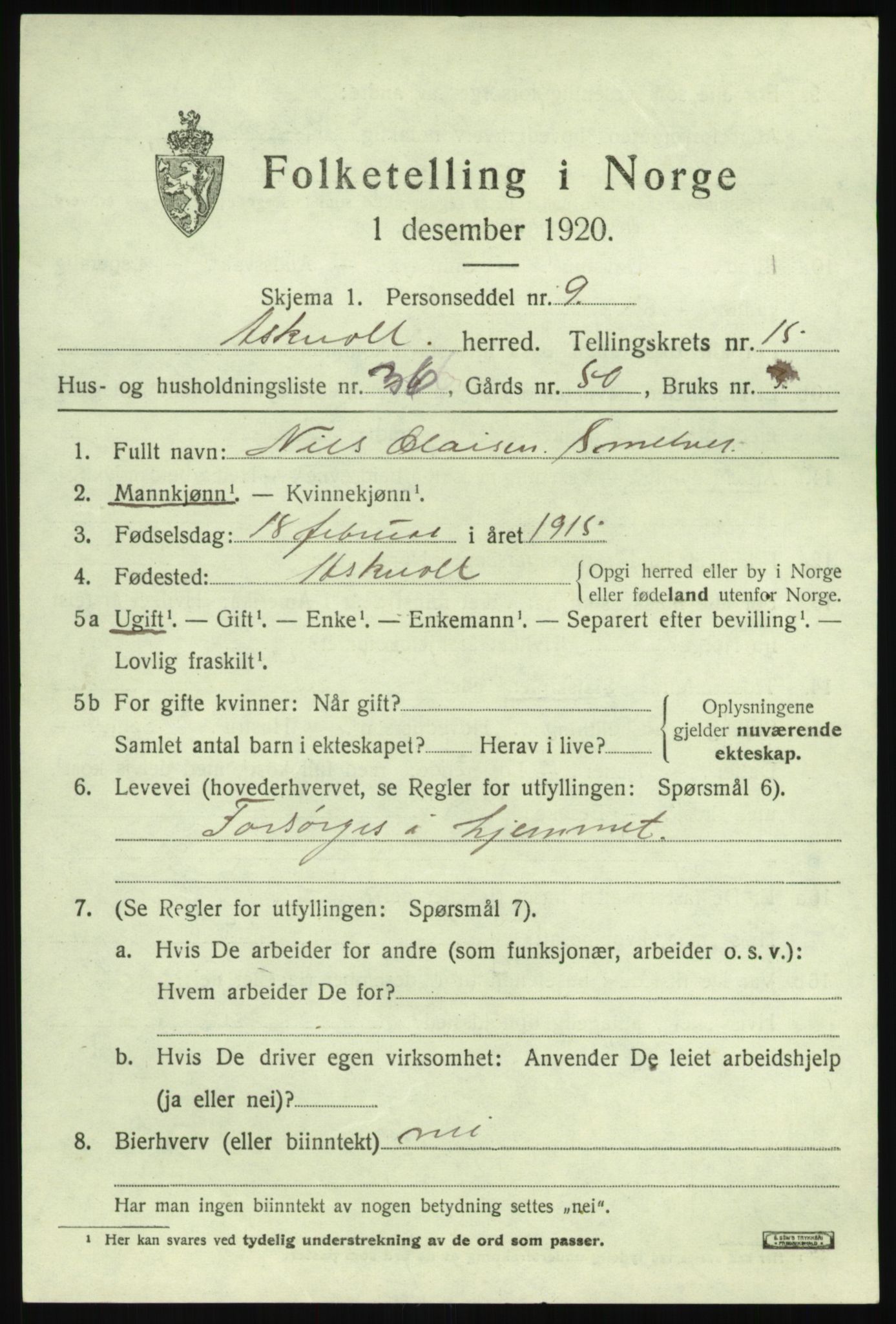 SAB, 1920 census for Askvoll, 1920, p. 5944