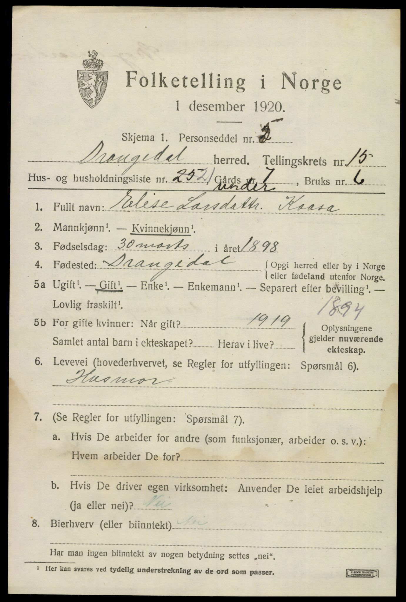 SAKO, 1920 census for Drangedal, 1920, p. 7795