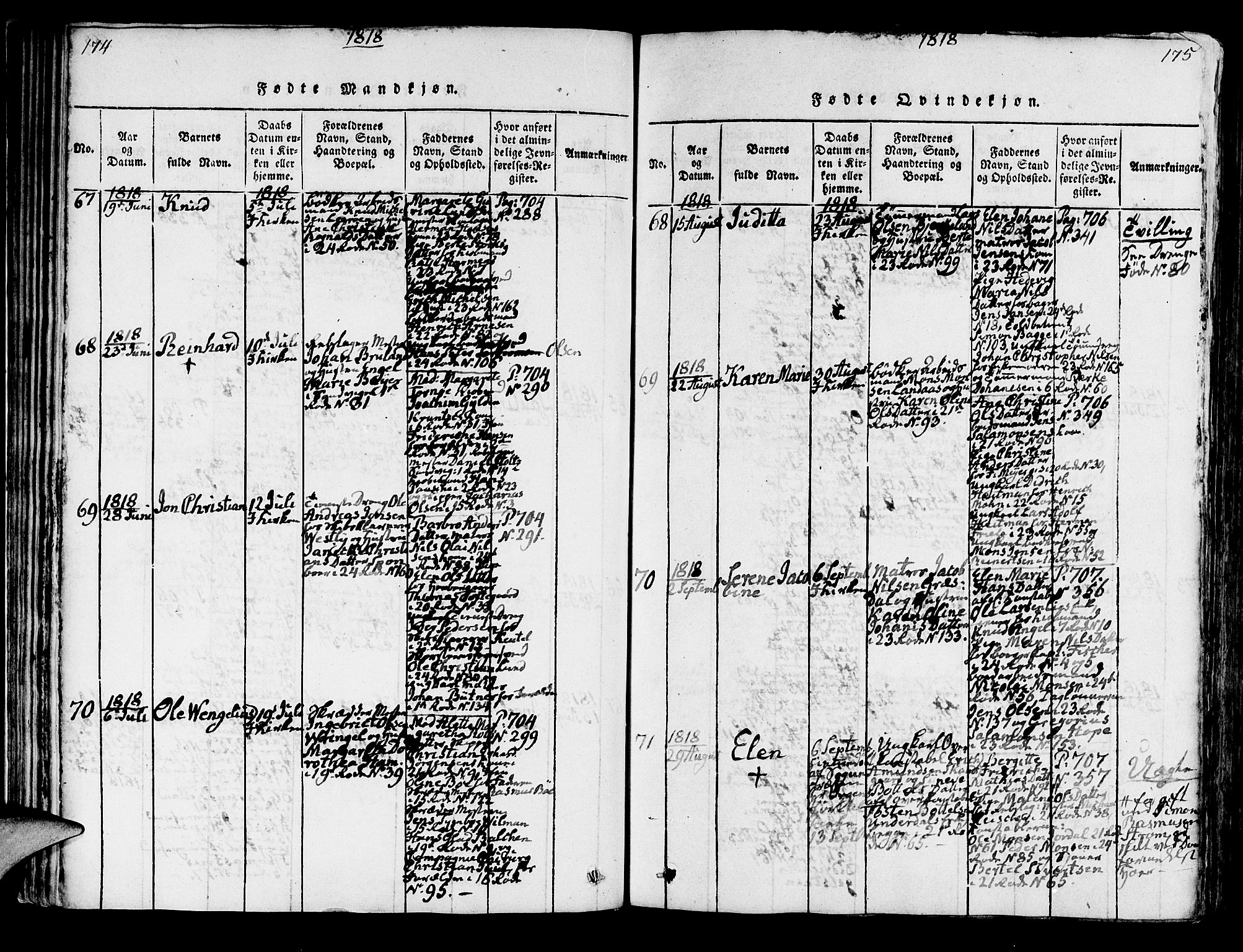 Korskirken sokneprestembete, AV/SAB-A-76101/H/Hab: Parish register (copy) no. A 1b, 1815-1821, p. 174-175