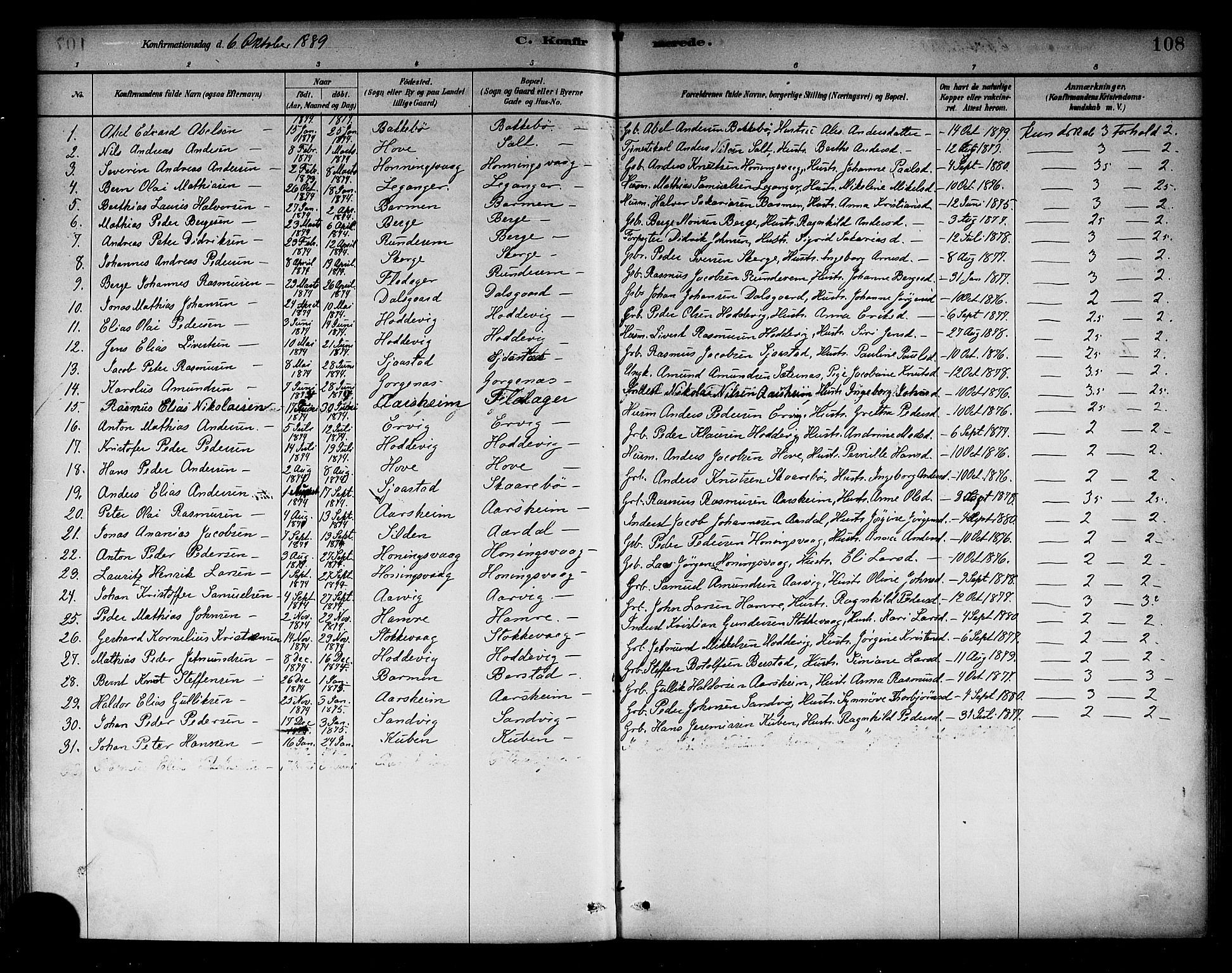 Selje sokneprestembete, SAB/A-99938/H/Ha/Haa/Haab: Parish register (official) no. B 1, 1881-1890, p. 108