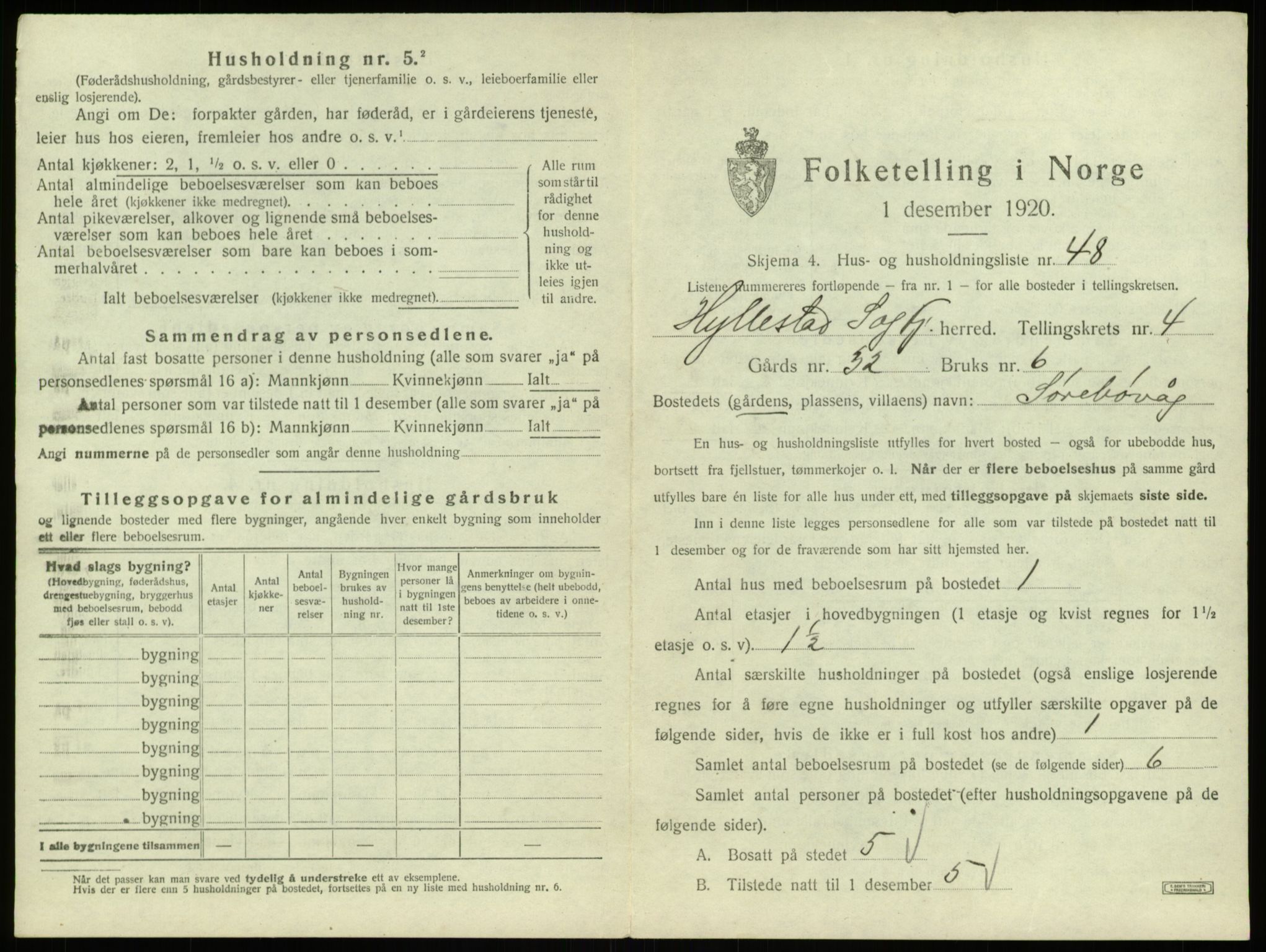 SAB, 1920 census for Hyllestad, 1920, p. 304