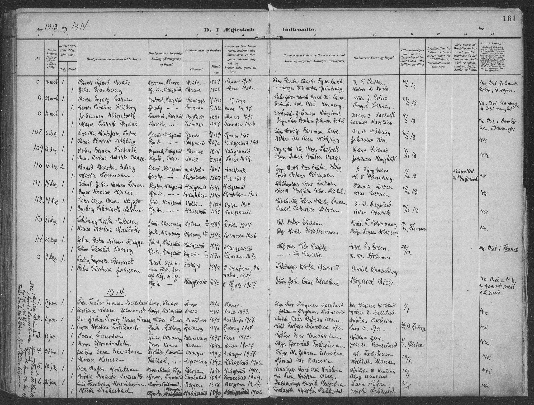 Haugesund sokneprestkontor, SAST/A -101863/H/Ha/Haa/L0007: Parish register (official) no. A 7, 1904-1916, p. 161