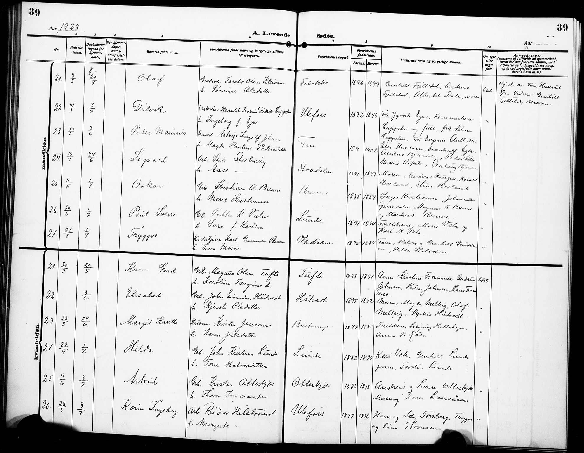 Holla kirkebøker, AV/SAKO-A-272/G/Ga/L0006: Parish register (copy) no. I 6, 1917-1928, p. 39