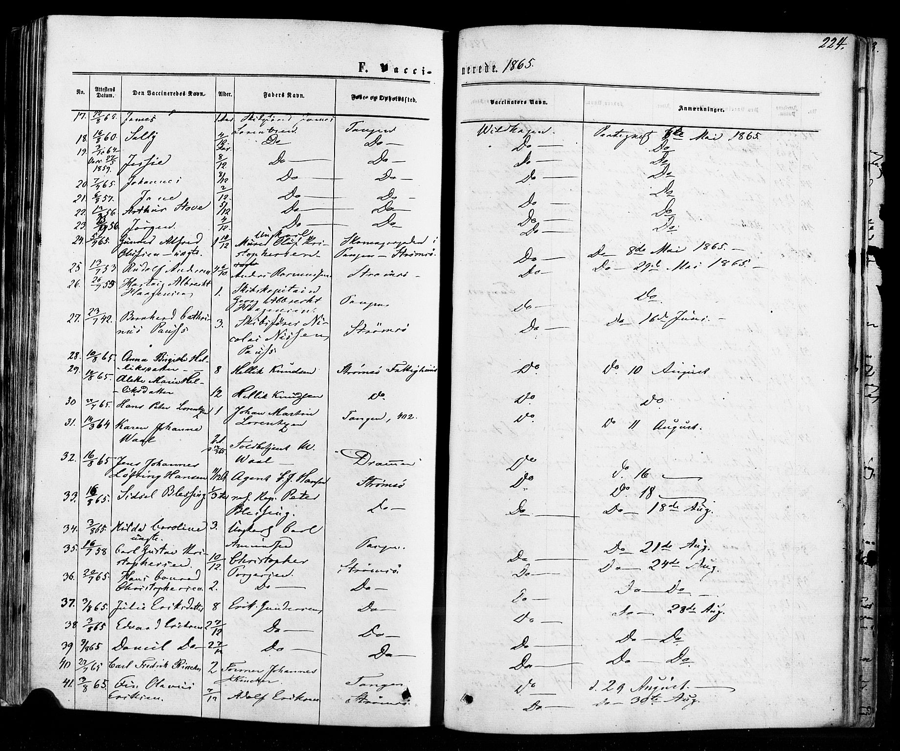 Strømsø kirkebøker, SAKO/A-246/F/Fa/L0018: Parish register (official) no. I 18, 1865-1878, p. 224