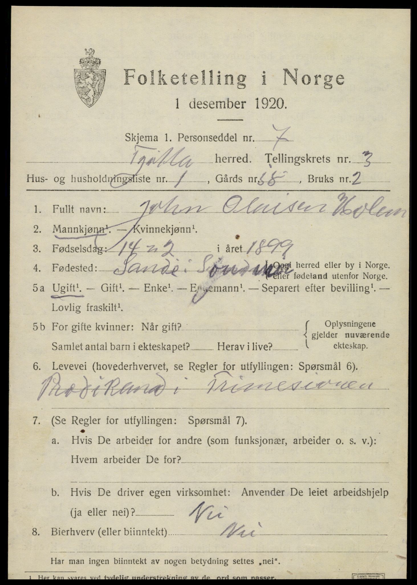 SAT, 1920 census for Tjøtta, 1920, p. 1435