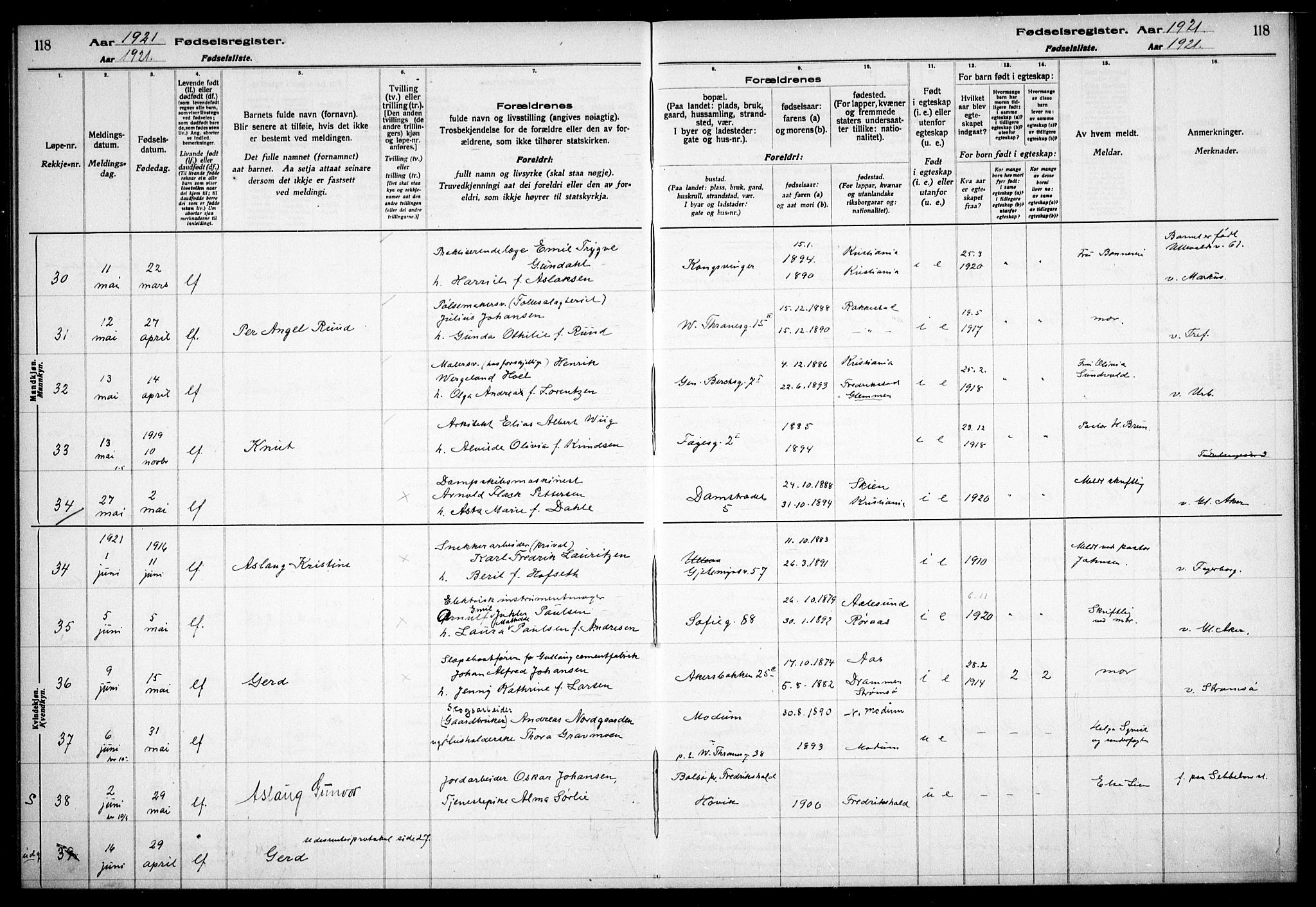 Gamle Aker prestekontor Kirkebøker, AV/SAO-A-10617a/J/L0001: Birth register no. 1, 1916-1927, p. 118