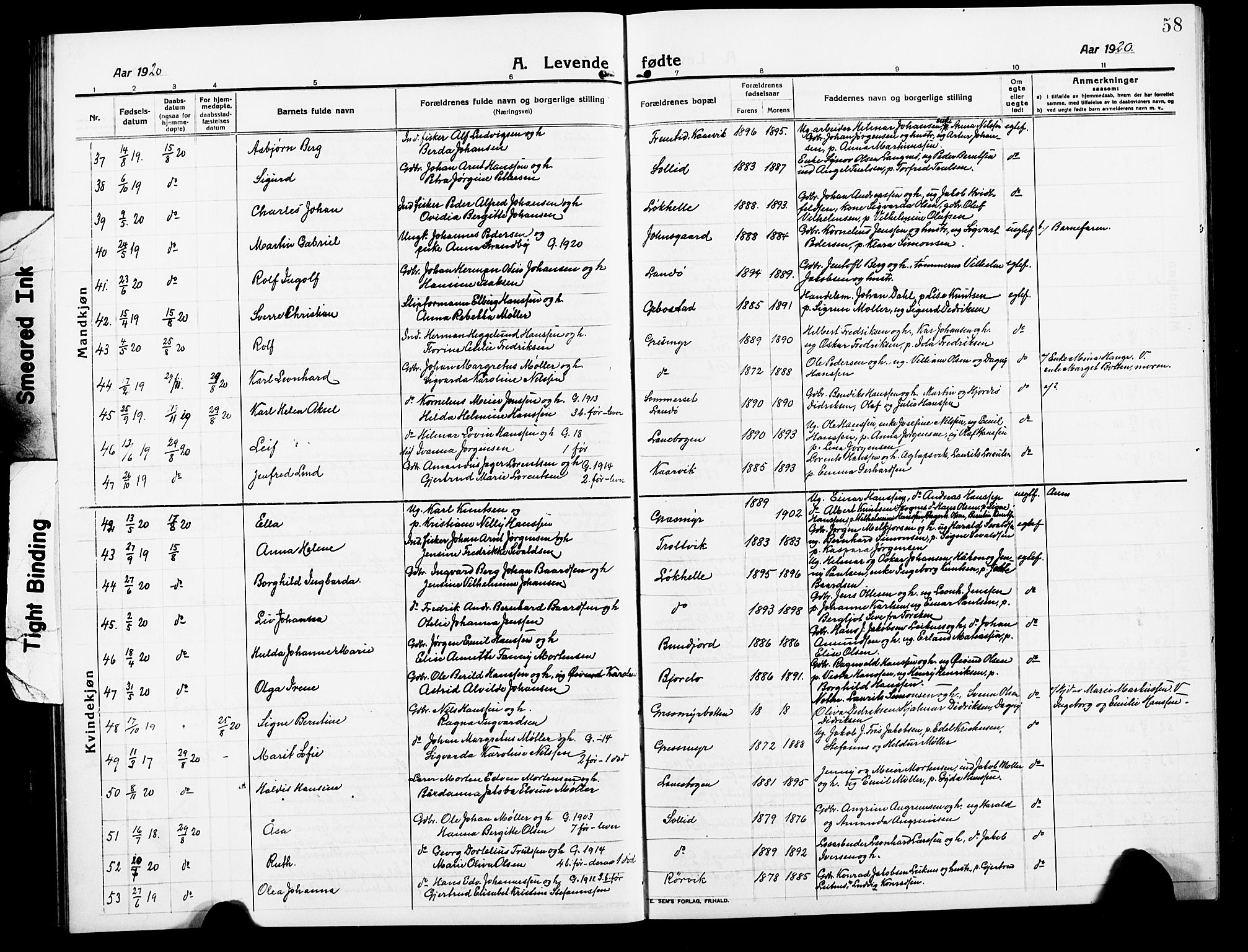 Lenvik sokneprestembete, AV/SATØ-S-1310/H/Ha/Hab/L0009klokker: Parish register (copy) no. 9, 1912-1926, p. 58