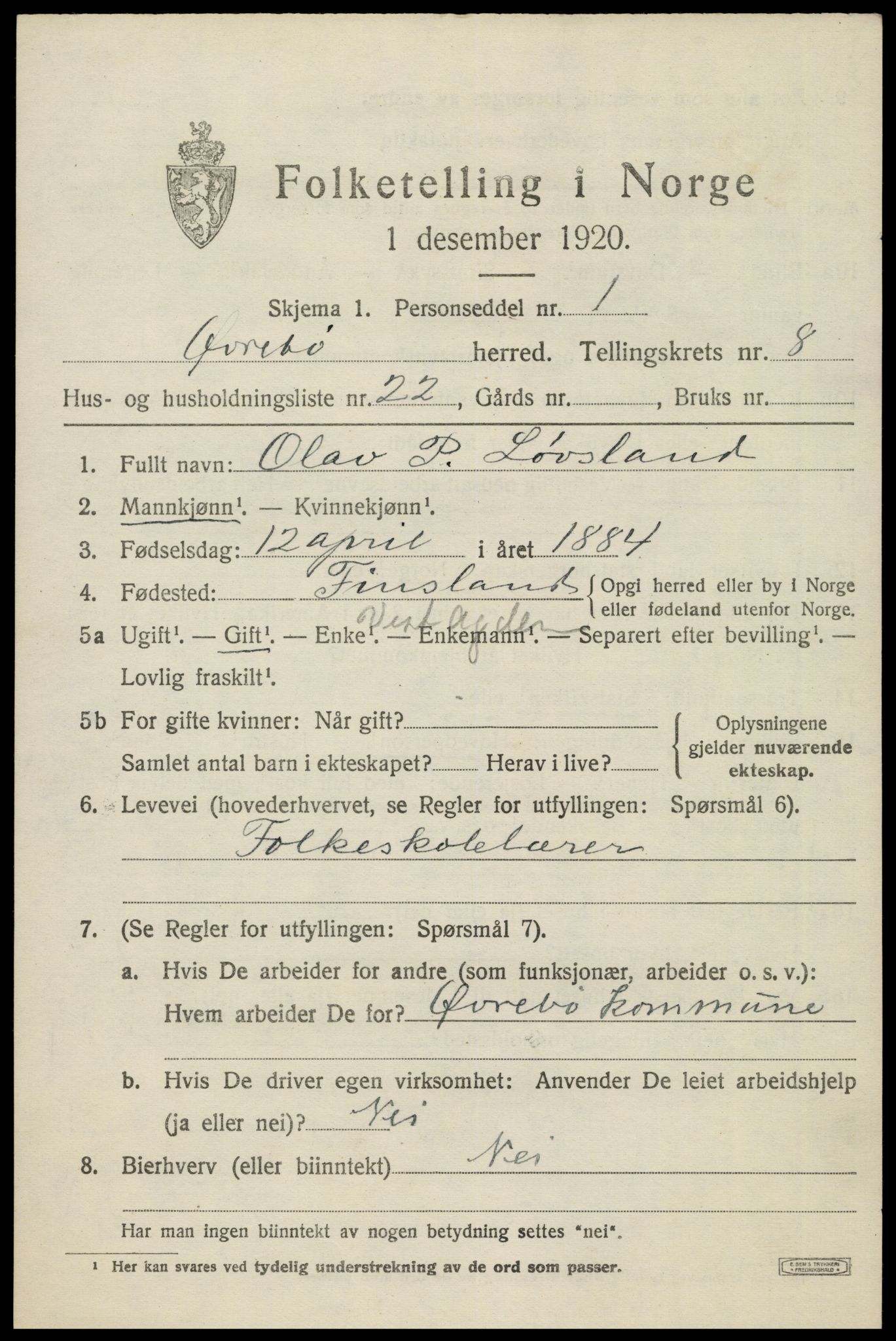 SAK, 1920 census for Øvrebø, 1920, p. 1922