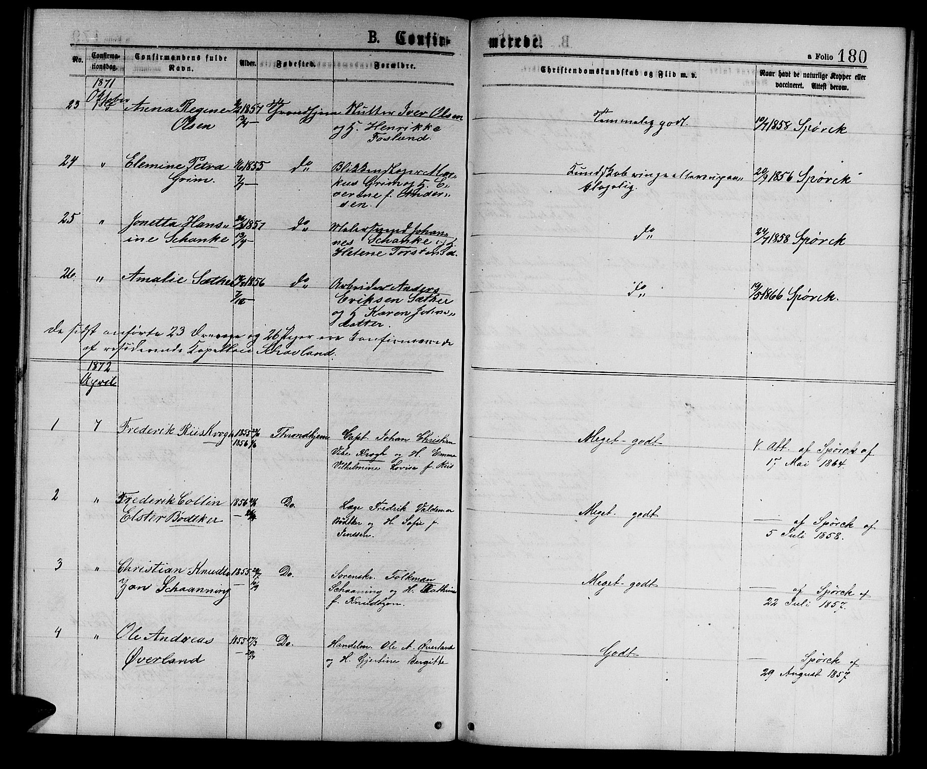 Ministerialprotokoller, klokkerbøker og fødselsregistre - Sør-Trøndelag, SAT/A-1456/601/L0088: Parish register (copy) no. 601C06, 1870-1878, p. 180