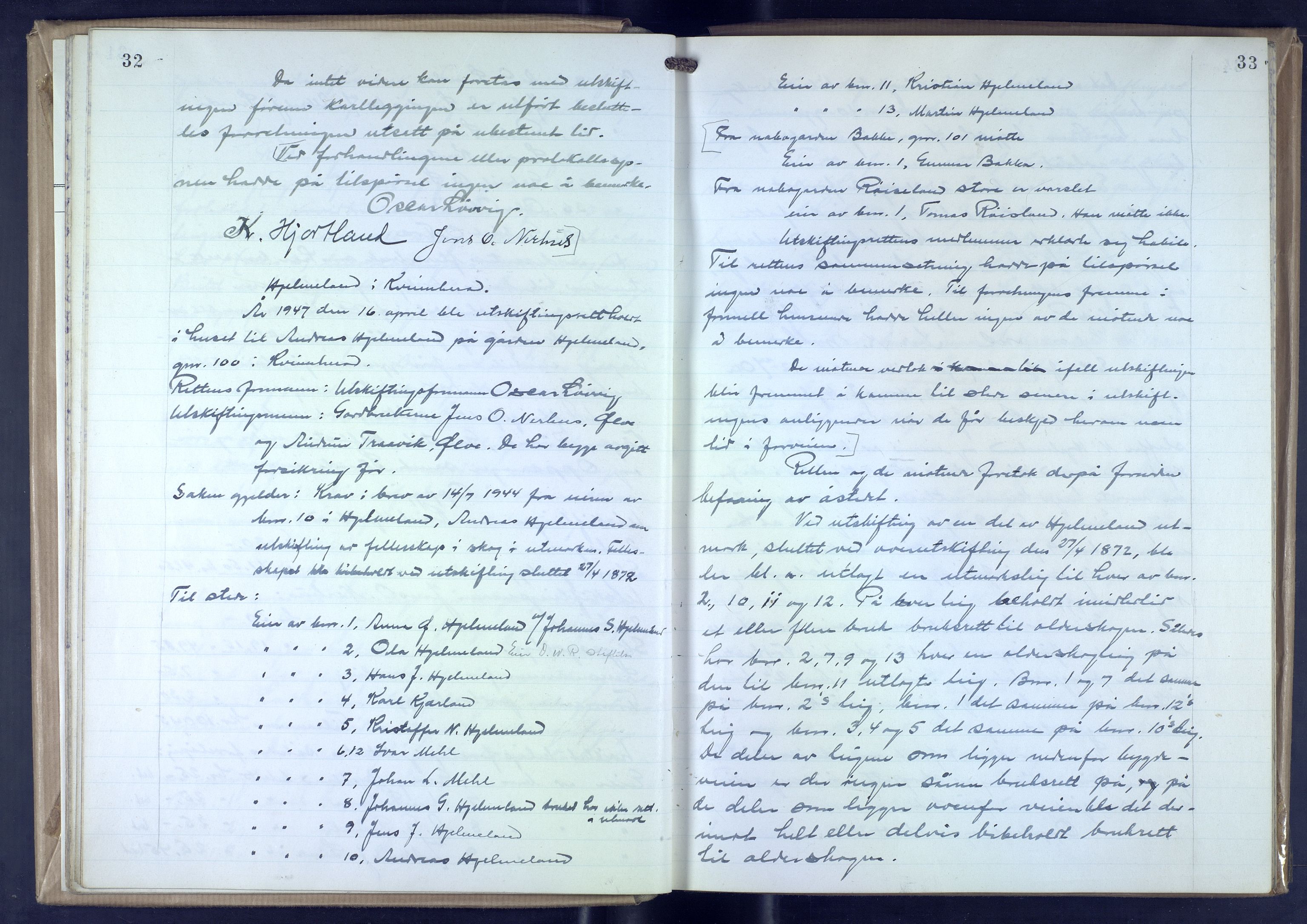 Hordaland jordskiftedøme - VII Indre Sunnhordland jordskiftedistrikt, AV/SAB-A-7401/A/Aa/L0025: Forhandlingsprotokoll, 1946-1952, p. 32-33
