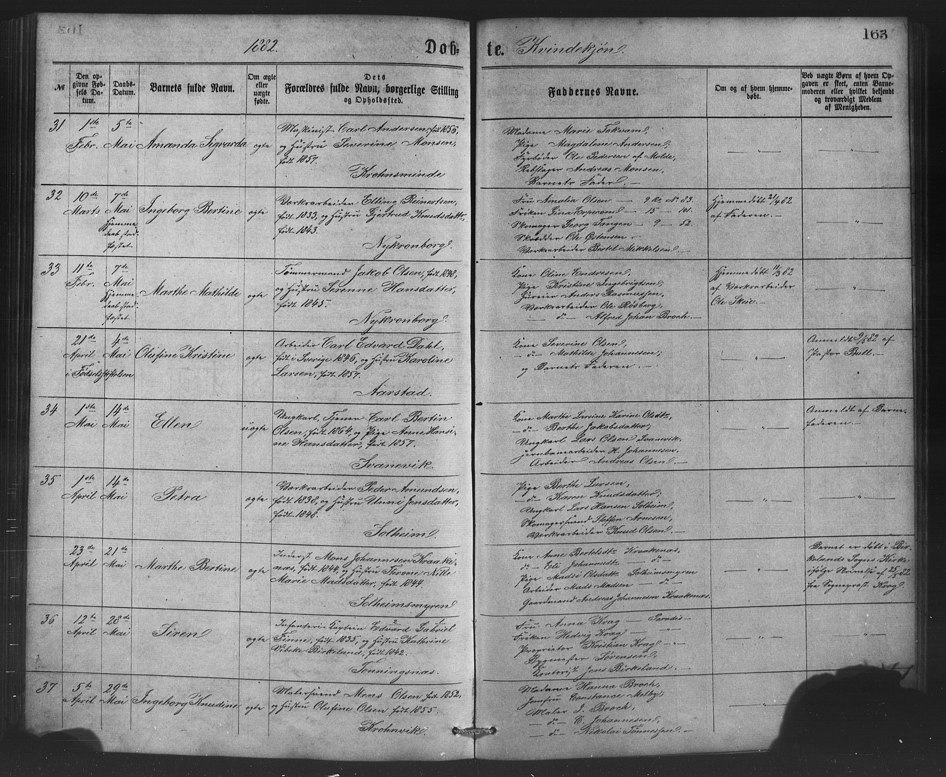 St. Jørgens hospital og Årstad sokneprestembete, AV/SAB-A-99934: Parish register (copy) no. A 4, 1873-1885, p. 163