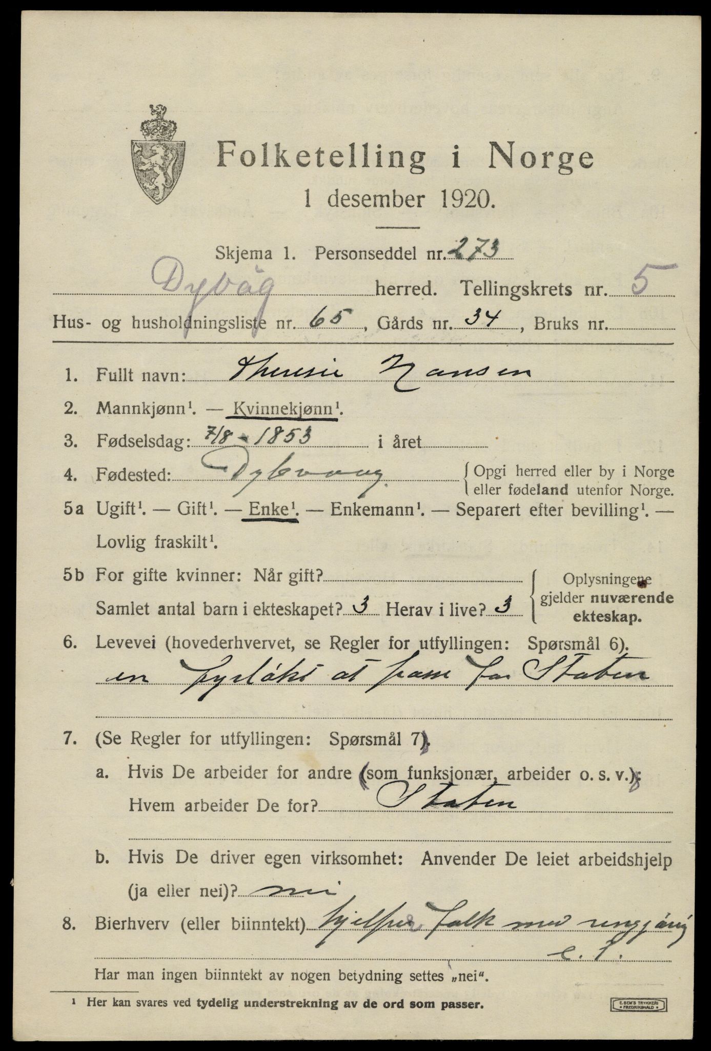 SAK, 1920 census for Dypvåg, 1920, p. 4661