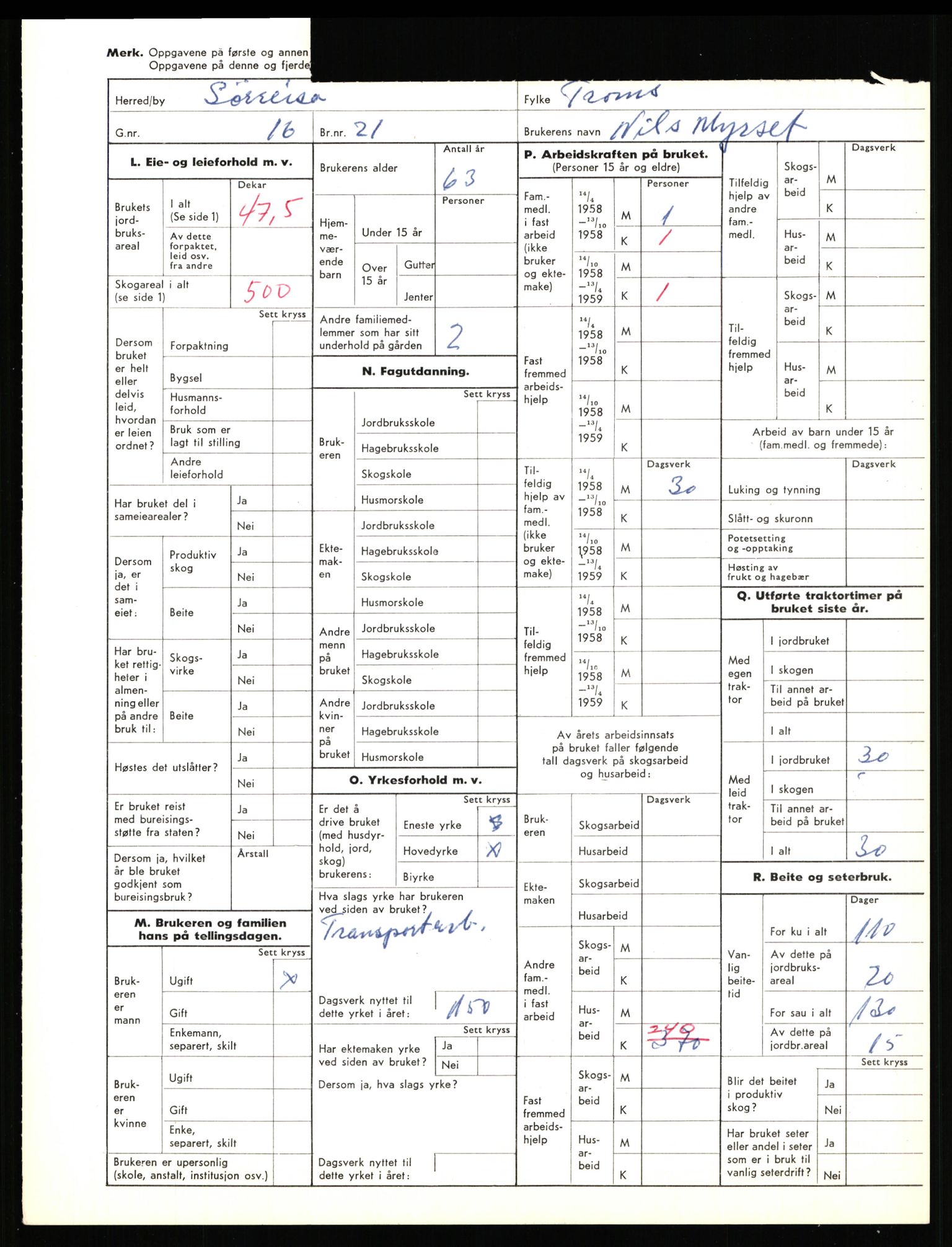 Statistisk sentralbyrå, Næringsøkonomiske emner, Jordbruk, skogbruk, jakt, fiske og fangst, AV/RA-S-2234/G/Gd/L0656: Troms: 1924 Målselv (kl. 0-3) og 1925 Sørreisa, 1959, p. 1928