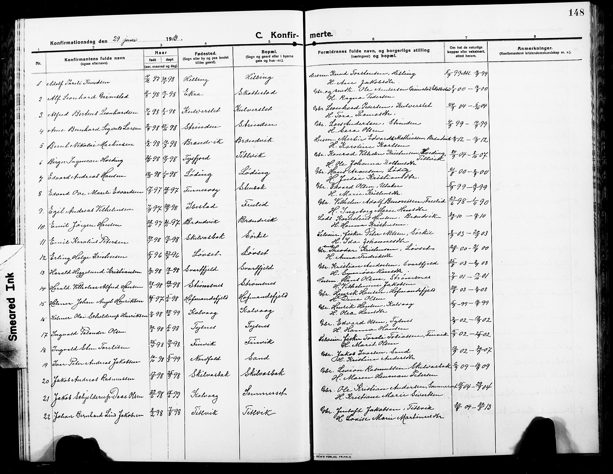 Ministerialprotokoller, klokkerbøker og fødselsregistre - Nordland, SAT/A-1459/859/L0861: Parish register (copy) no. 859C07, 1910-1925, p. 148