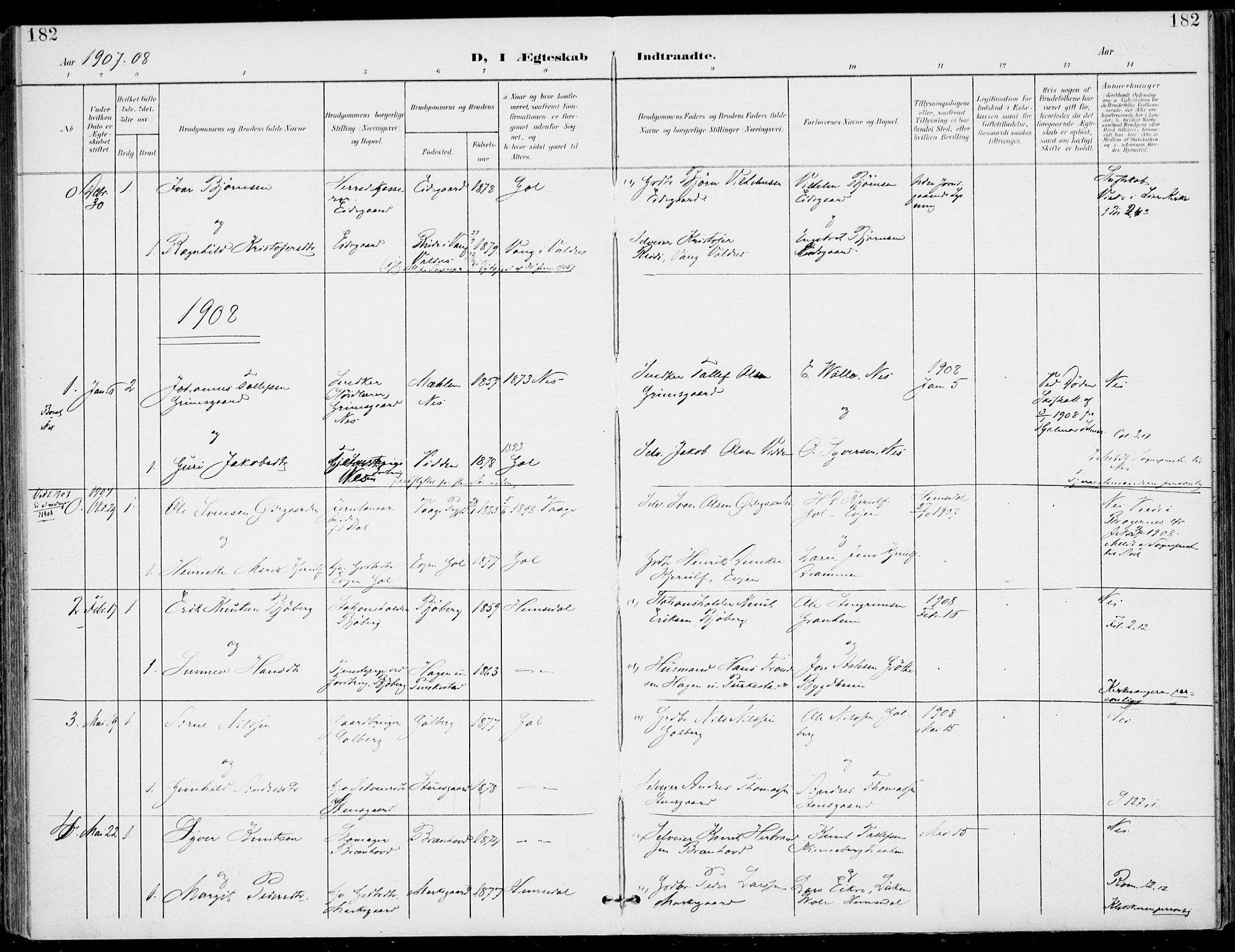 Gol kirkebøker, SAKO/A-226/F/Fa/L0006: Parish register (official) no. I 6, 1901-1918, p. 182