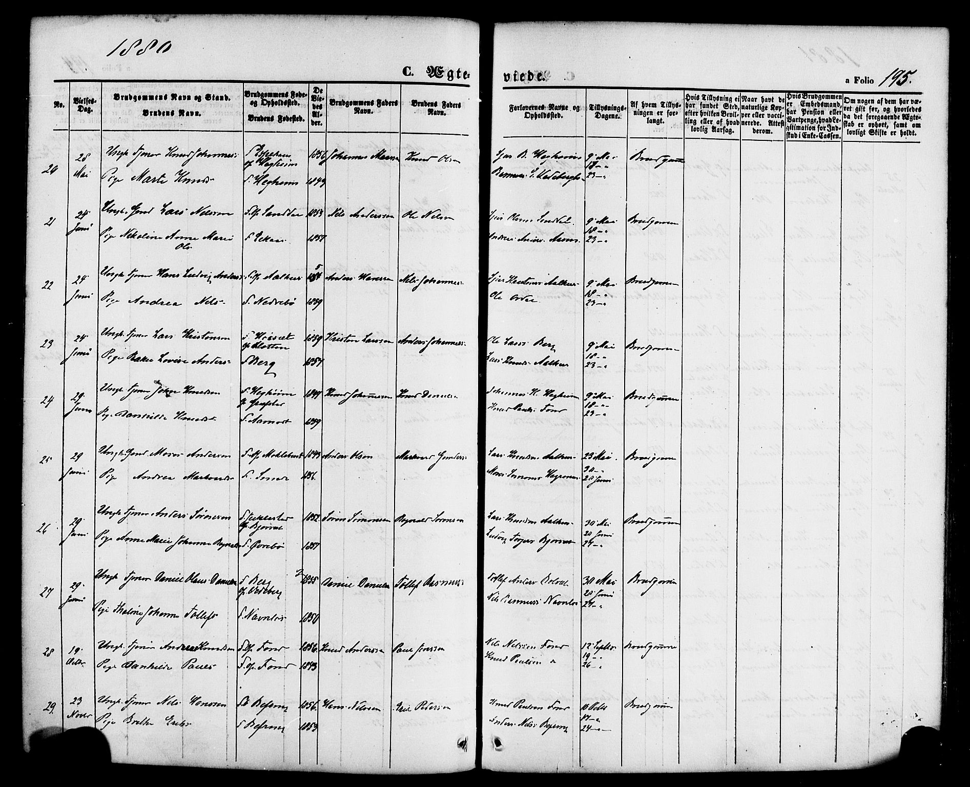 Jølster sokneprestembete, AV/SAB-A-80701/H/Haa/Haaa/L0011: Parish register (official) no. A 11, 1866-1881, p. 195