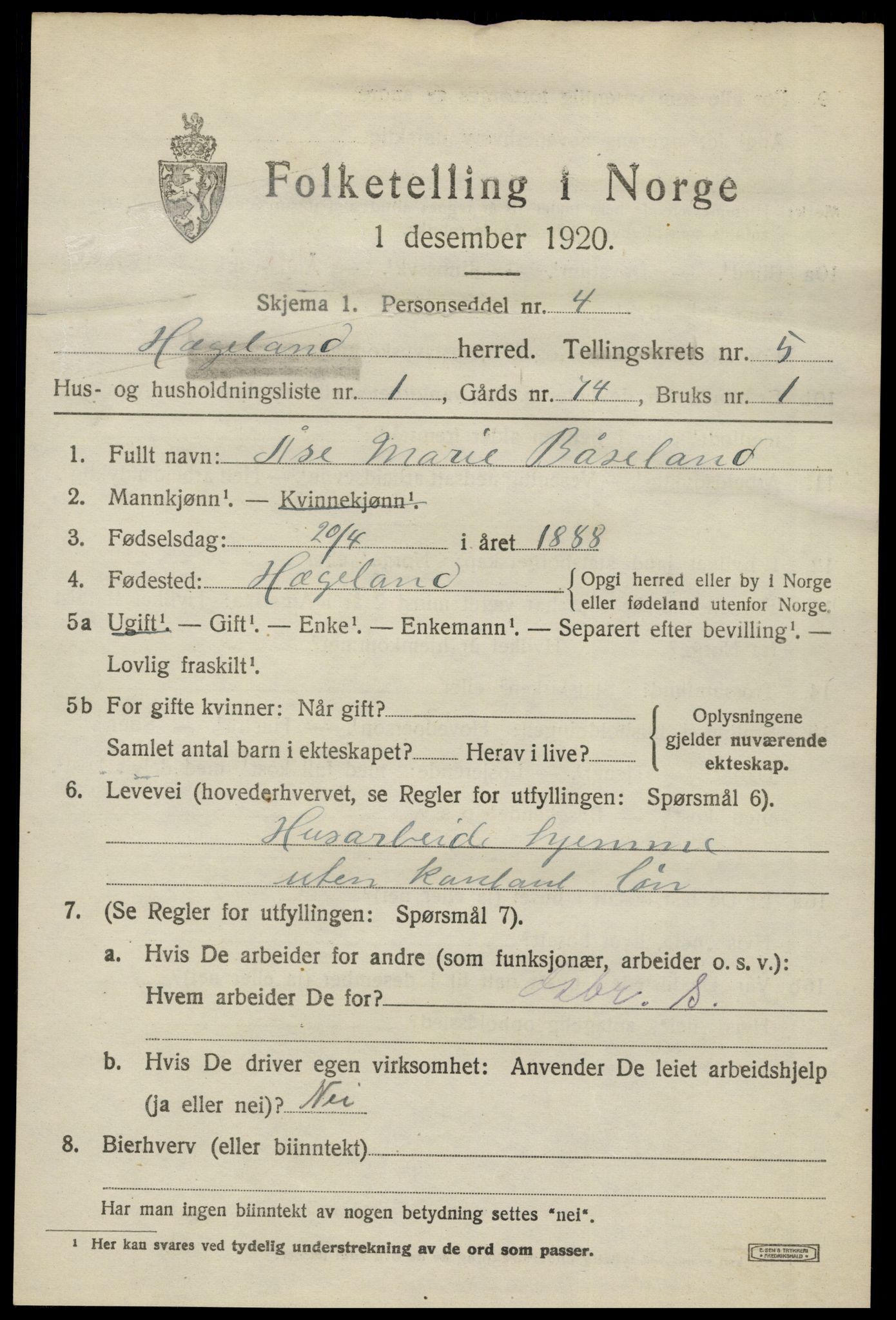 SAK, 1920 census for Hægeland, 1920, p. 1977