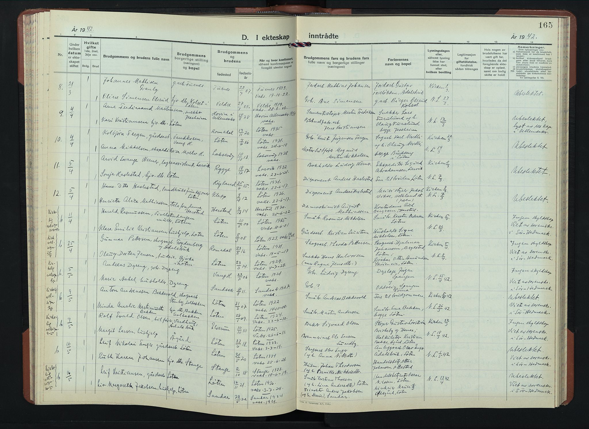 Løten prestekontor, SAH/PREST-022/L/La/L0010: Parish register (copy) no. 10, 1940-1945, p. 165
