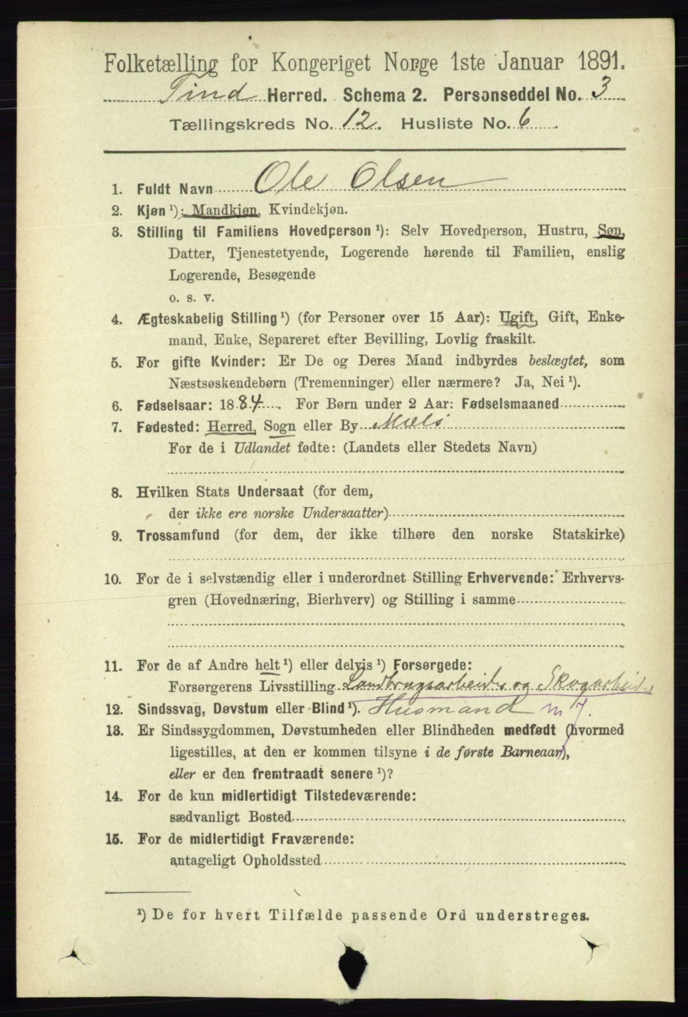 RA, 1891 census for 0826 Tinn, 1891, p. 2352