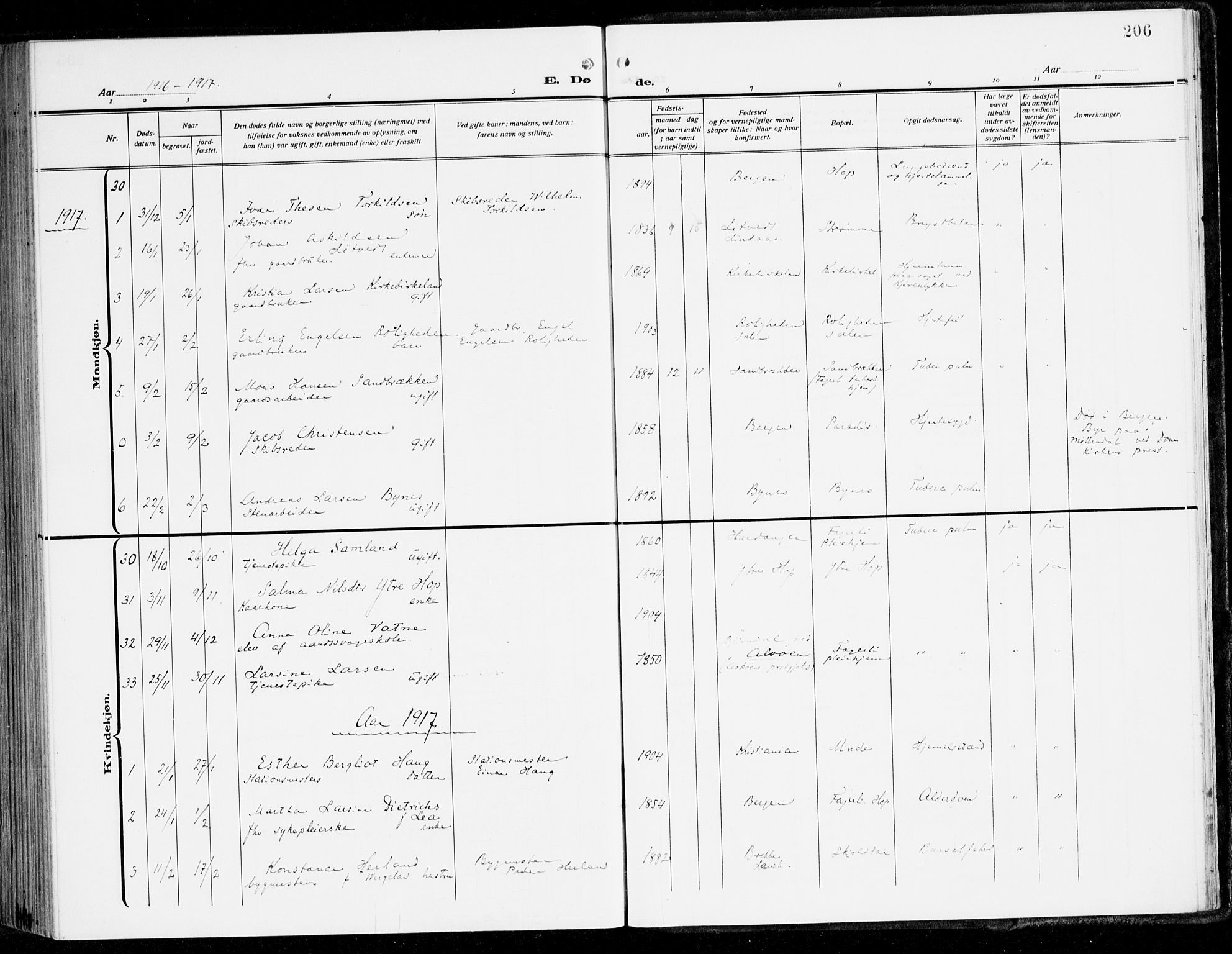 Fana Sokneprestembete, AV/SAB-A-75101/H/Haa/Haai/L0004: Parish register (official) no. I 4, 1912-1933, p. 206