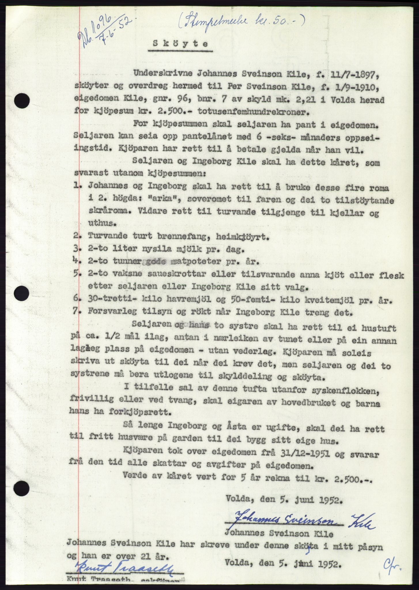 Søre Sunnmøre sorenskriveri, AV/SAT-A-4122/1/2/2C/L0092: Mortgage book no. 18A, 1952-1952, Diary no: : 1096/1952