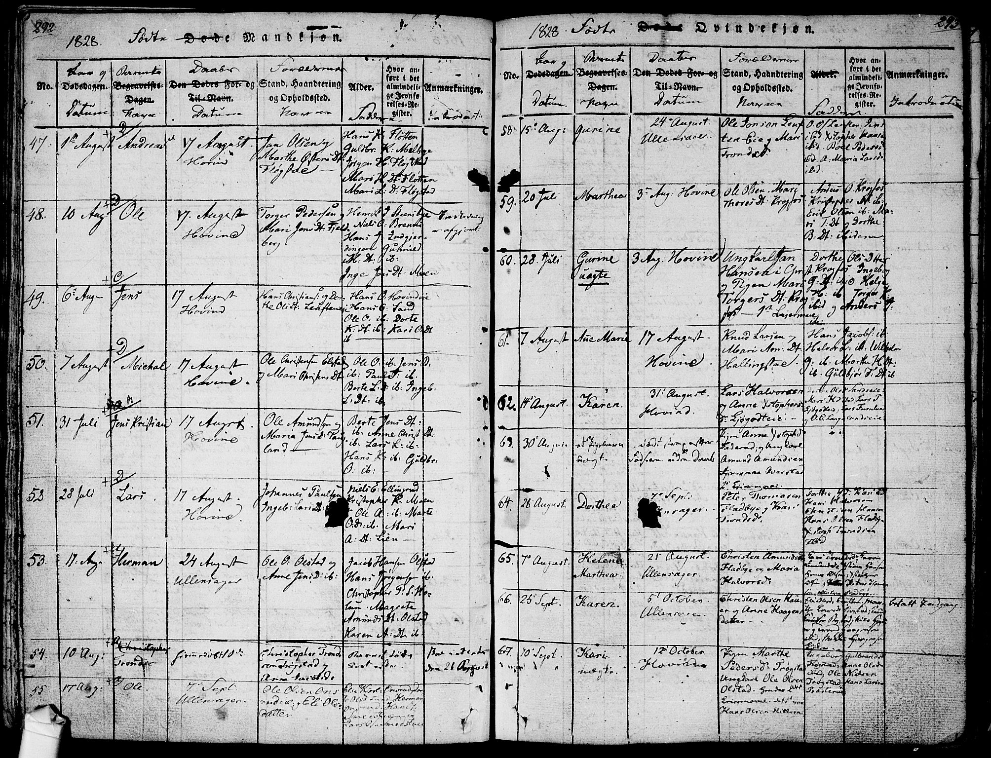 Ullensaker prestekontor Kirkebøker, SAO/A-10236a/F/Fa/L0013: Parish register (official) no. I 13, 1815-1835, p. 292-293
