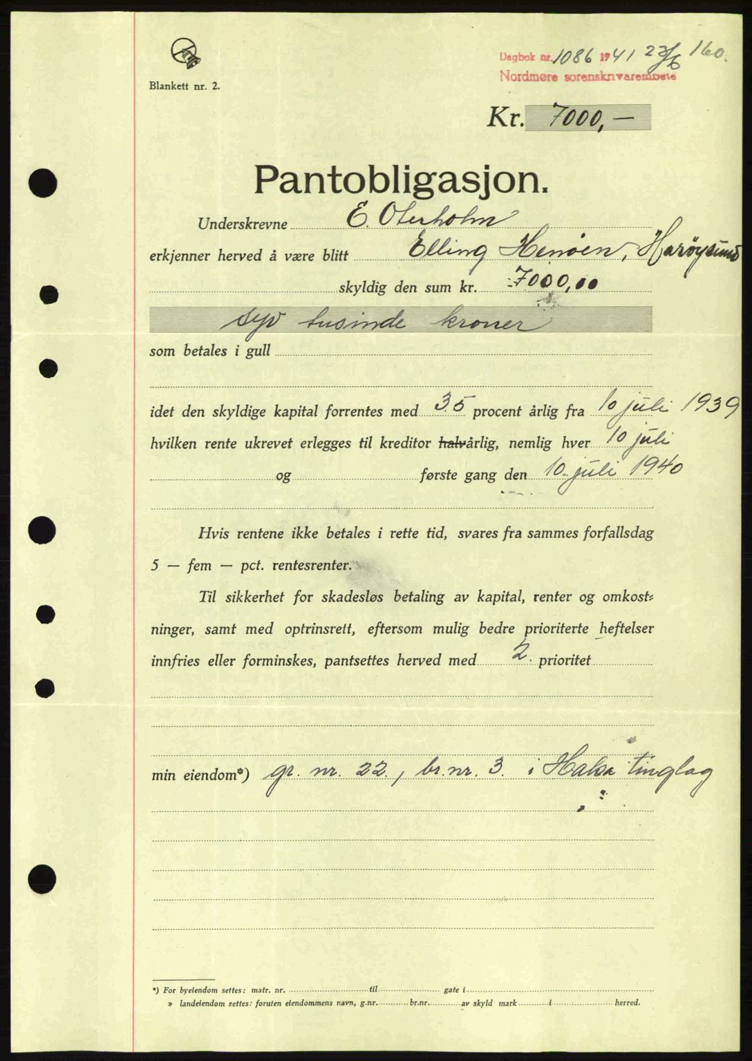 Nordmøre sorenskriveri, AV/SAT-A-4132/1/2/2Ca: Mortgage book no. B88, 1941-1942, Diary no: : 1086/1941