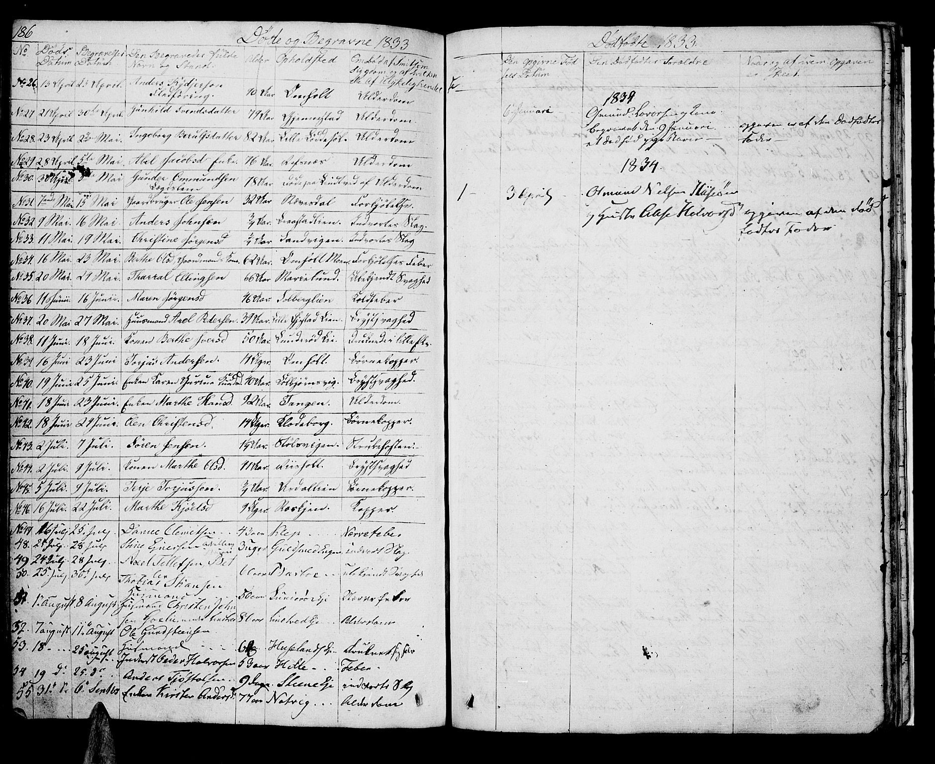 Øyestad sokneprestkontor, SAK/1111-0049/F/Fb/L0005: Parish register (copy) no. B 5, 1833-1843, p. 186