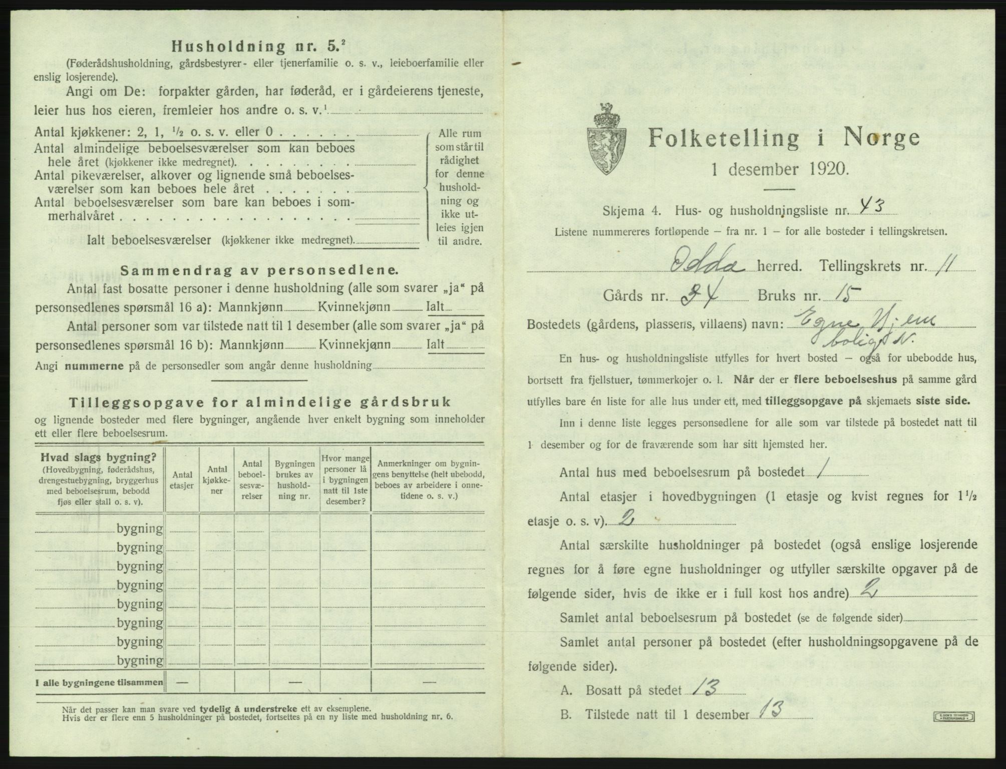 SAB, 1920 census for Odda, 1920, p. 1097