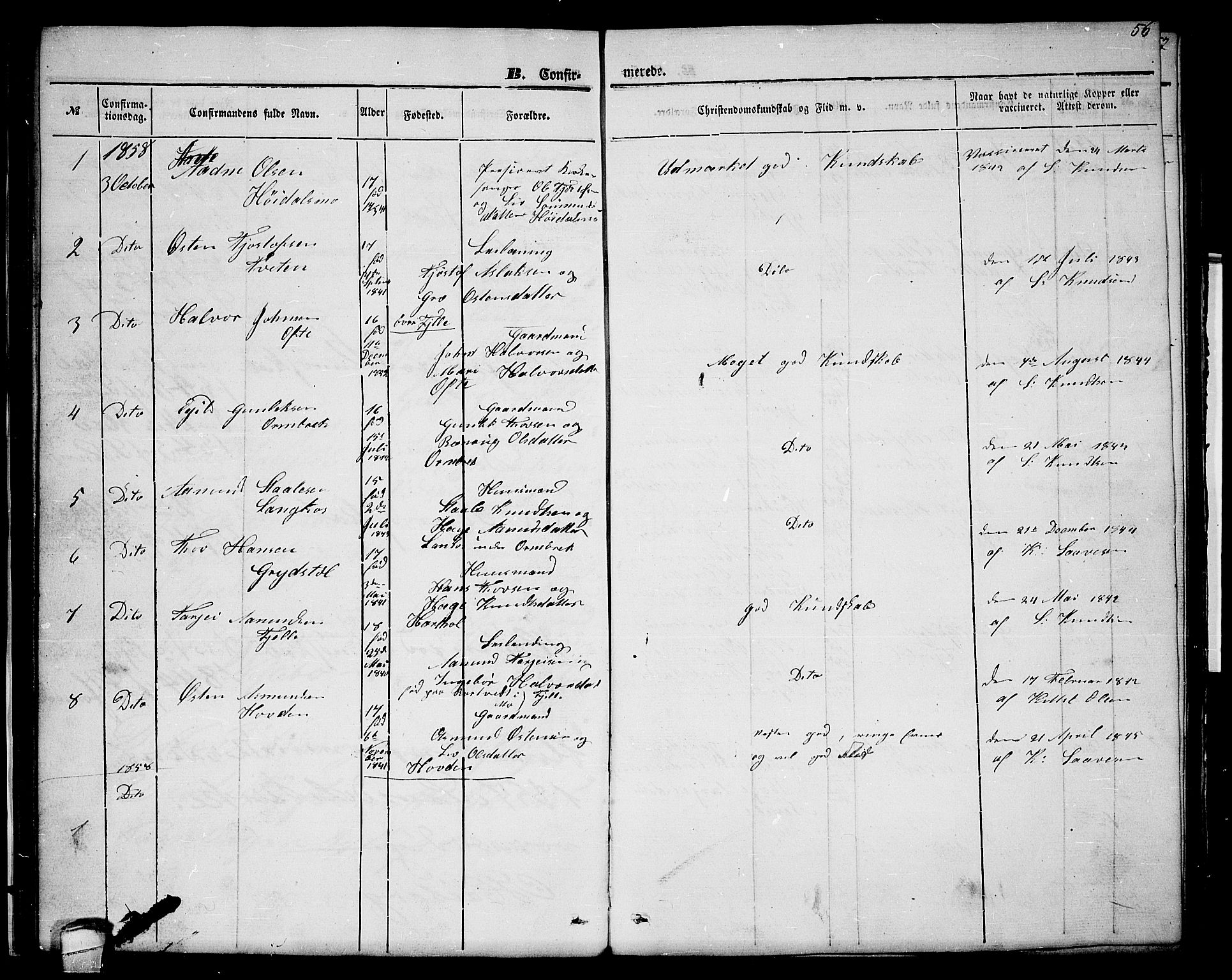 Lårdal kirkebøker, SAKO/A-284/G/Gc/L0002: Parish register (copy) no. III 2, 1852-1877, p. 56