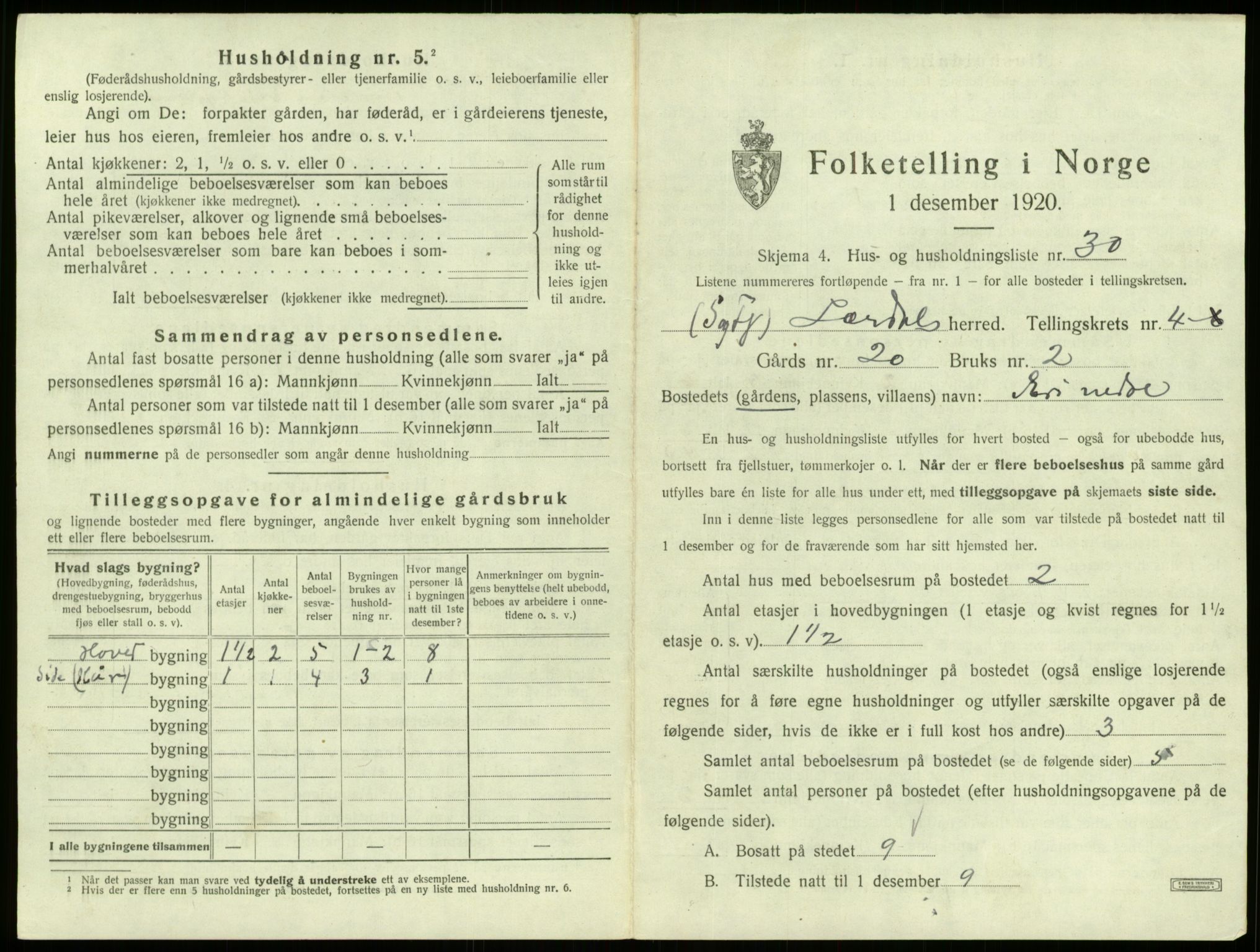 SAB, 1920 census for Lærdal, 1920, p. 372