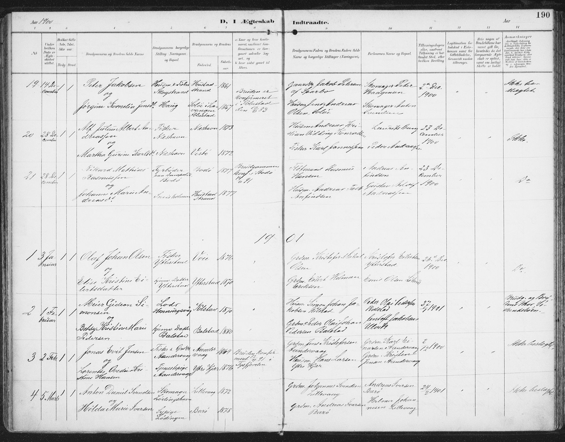 Ministerialprotokoller, klokkerbøker og fødselsregistre - Nordland, AV/SAT-A-1459/872/L1036: Parish register (official) no. 872A11, 1897-1913, p. 190