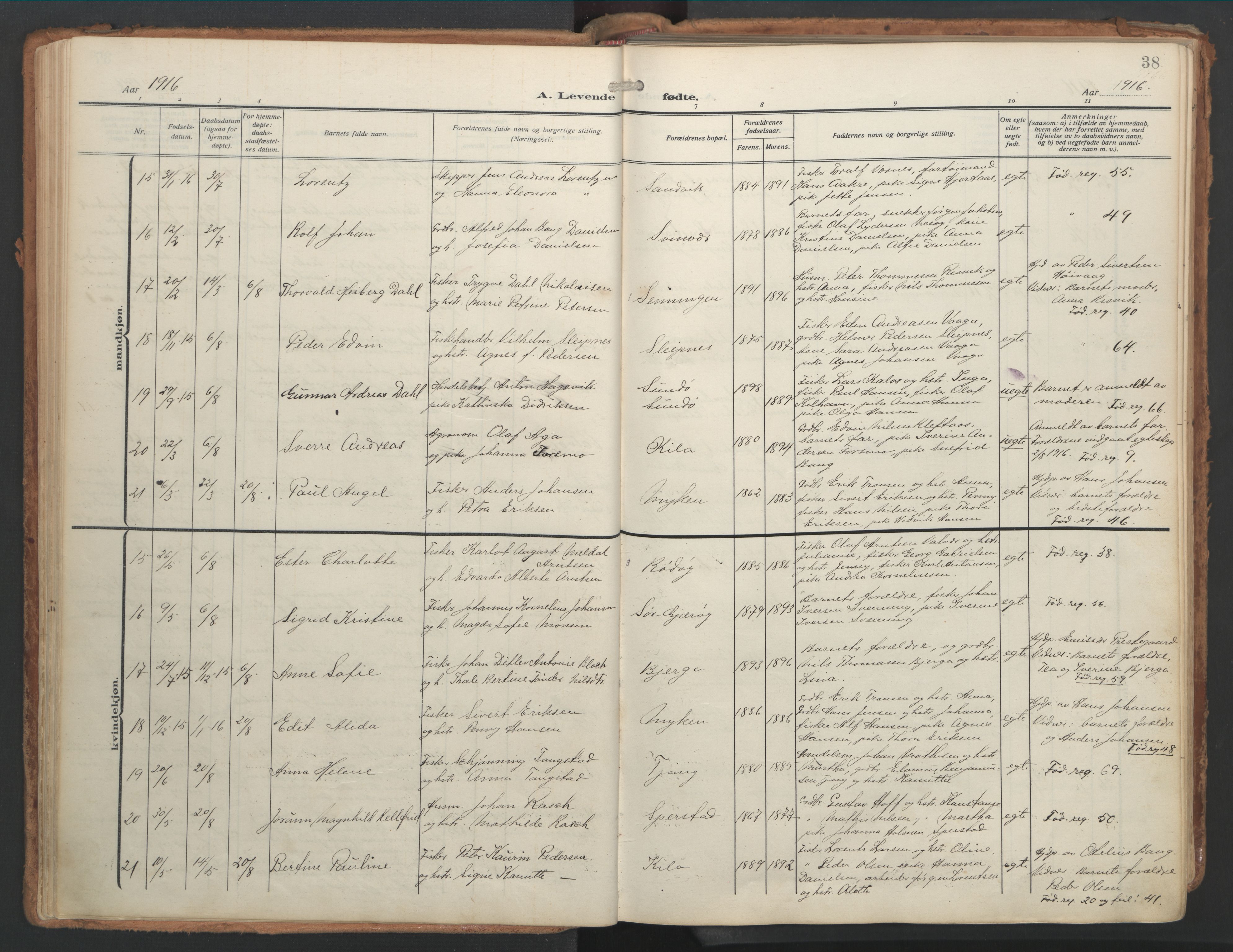 Ministerialprotokoller, klokkerbøker og fødselsregistre - Nordland, SAT/A-1459/841/L0614: Parish register (official) no. 841A17, 1911-1925, p. 38