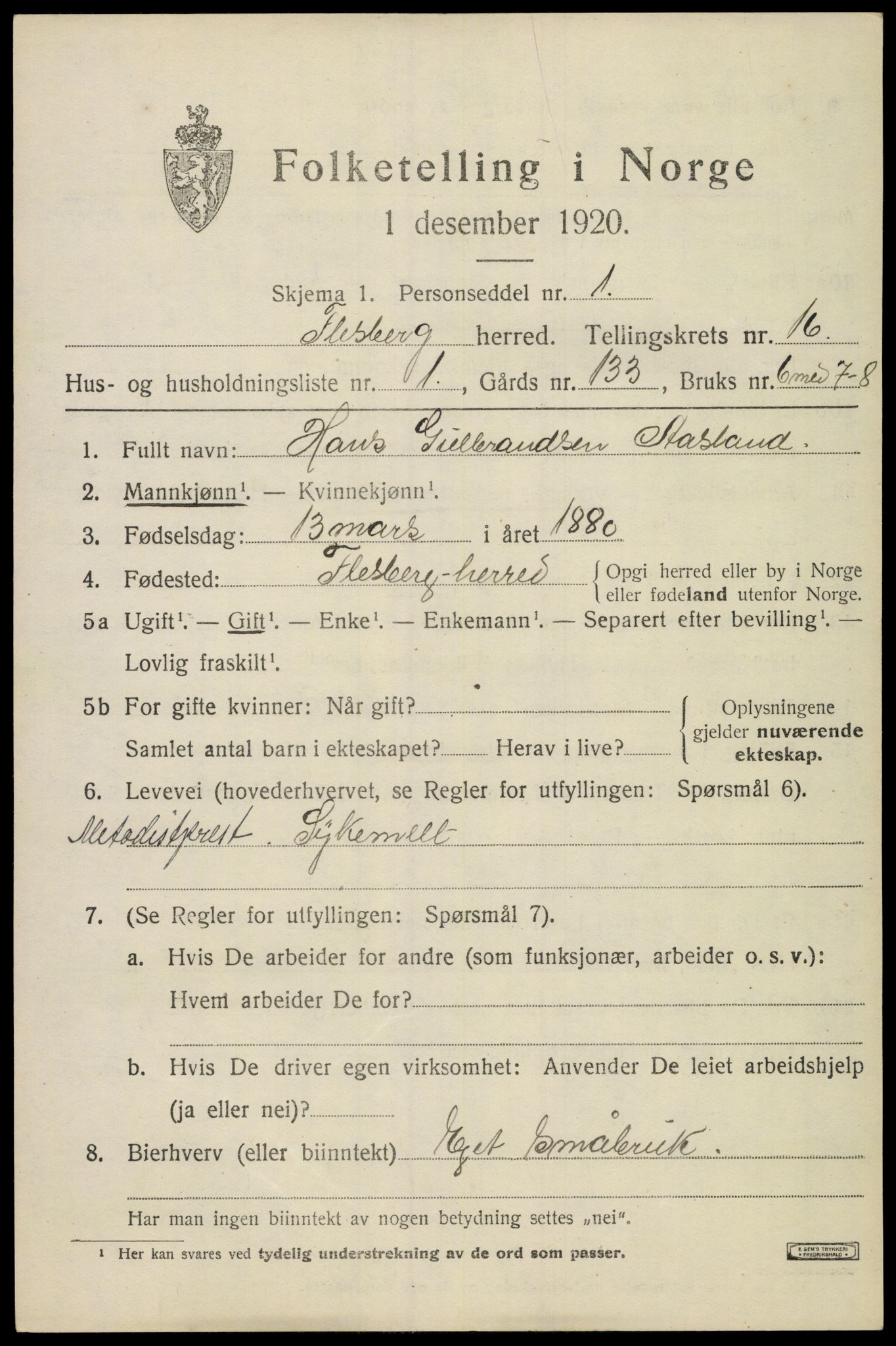 SAKO, 1920 census for Flesberg, 1920, p. 5003