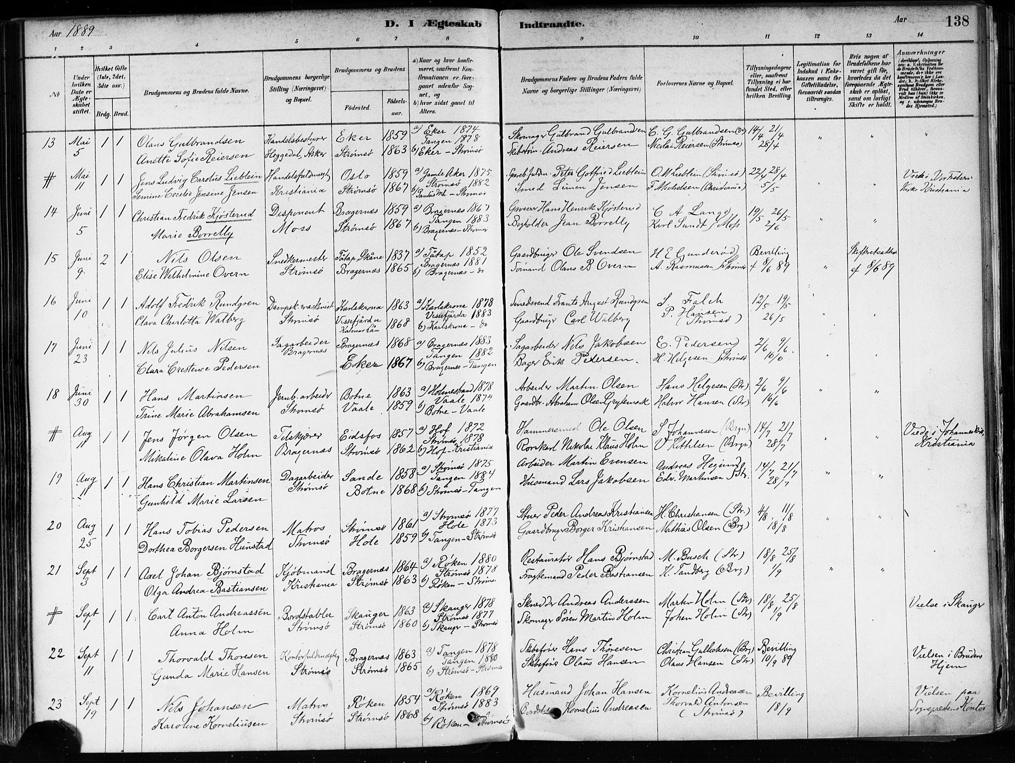 Strømsø kirkebøker, AV/SAKO-A-246/F/Fa/L0022: Parish register (official) no. I 22, 1879-1899, p. 138