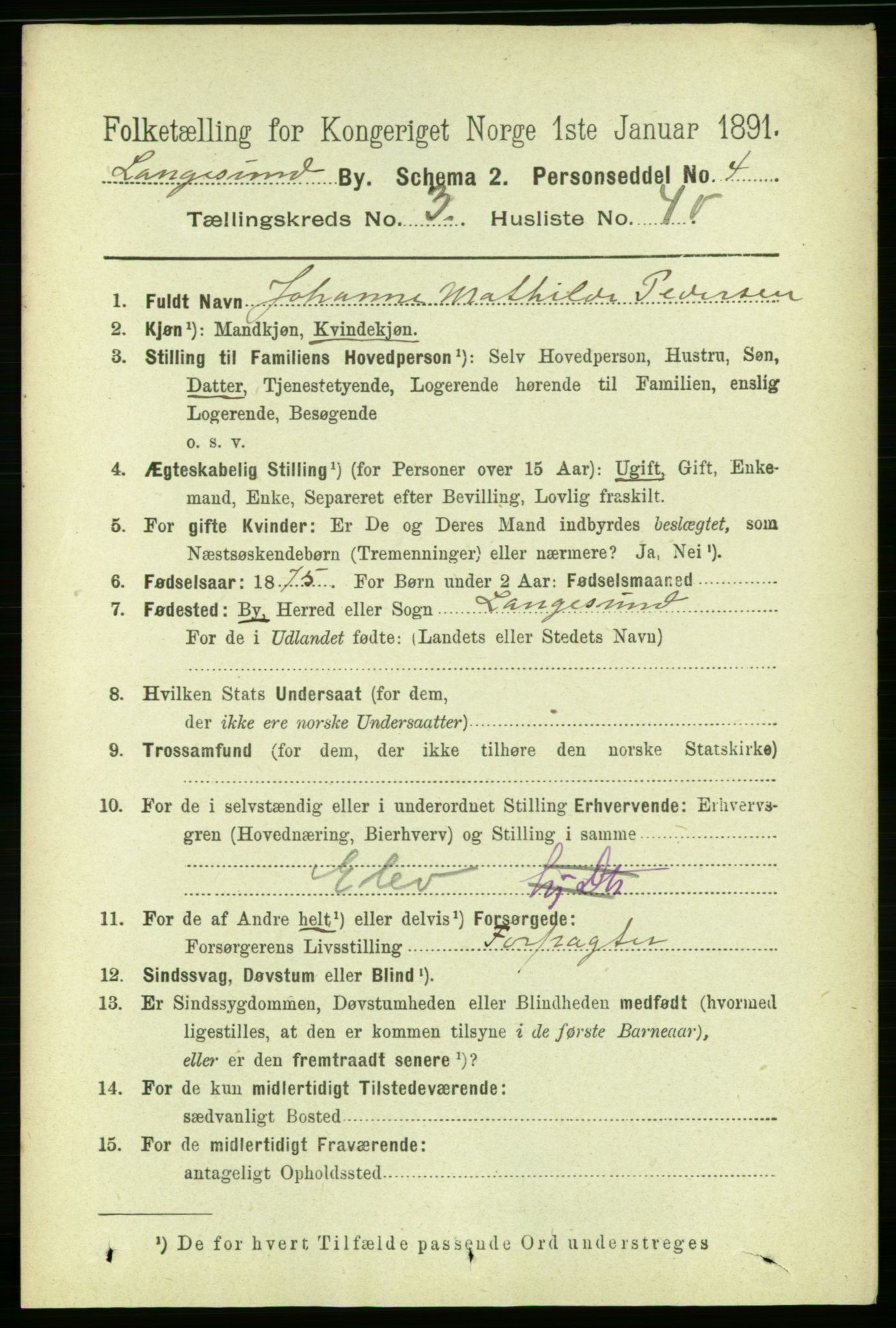 RA, 1891 census for 0802 Langesund, 1891, p. 1145