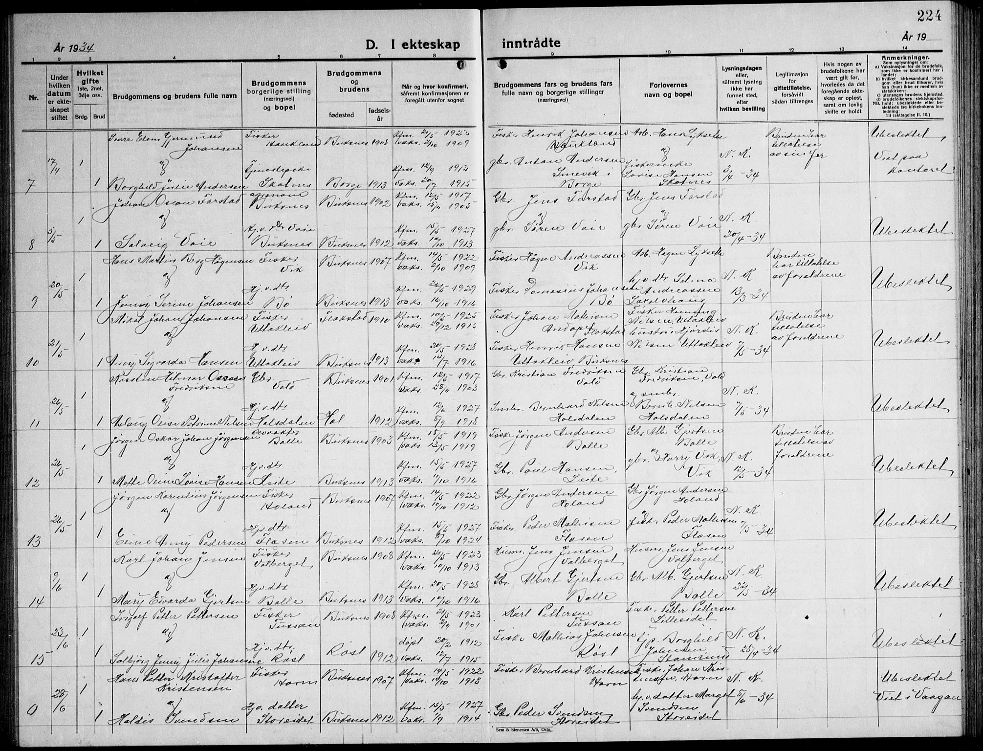 Ministerialprotokoller, klokkerbøker og fødselsregistre - Nordland, AV/SAT-A-1459/881/L1170: Parish register (copy) no. 881C07, 1930-1943, p. 224